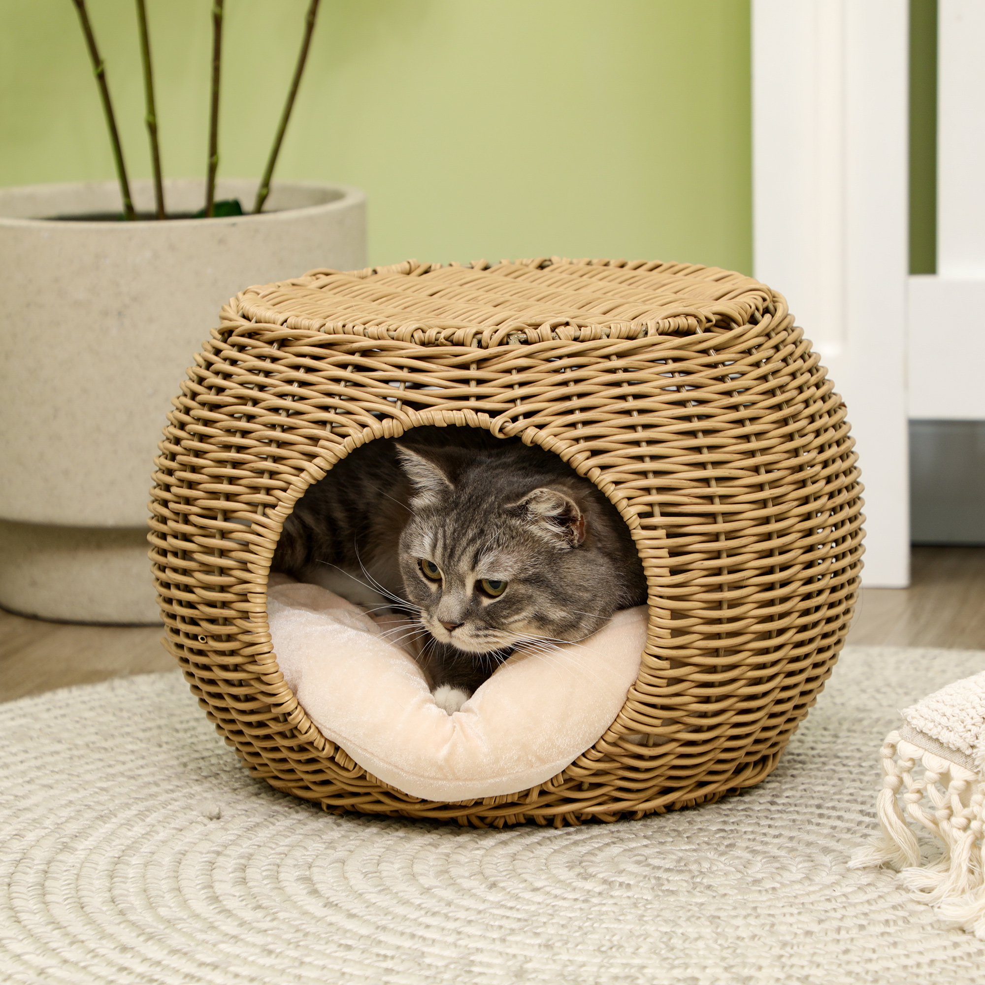 Katzenkorb Rattan zweistöckig Katzenbett Katzenkörbchen mit Kissen Vordertür  für Katze unter 3,5 kg Ø40 x 30 cm