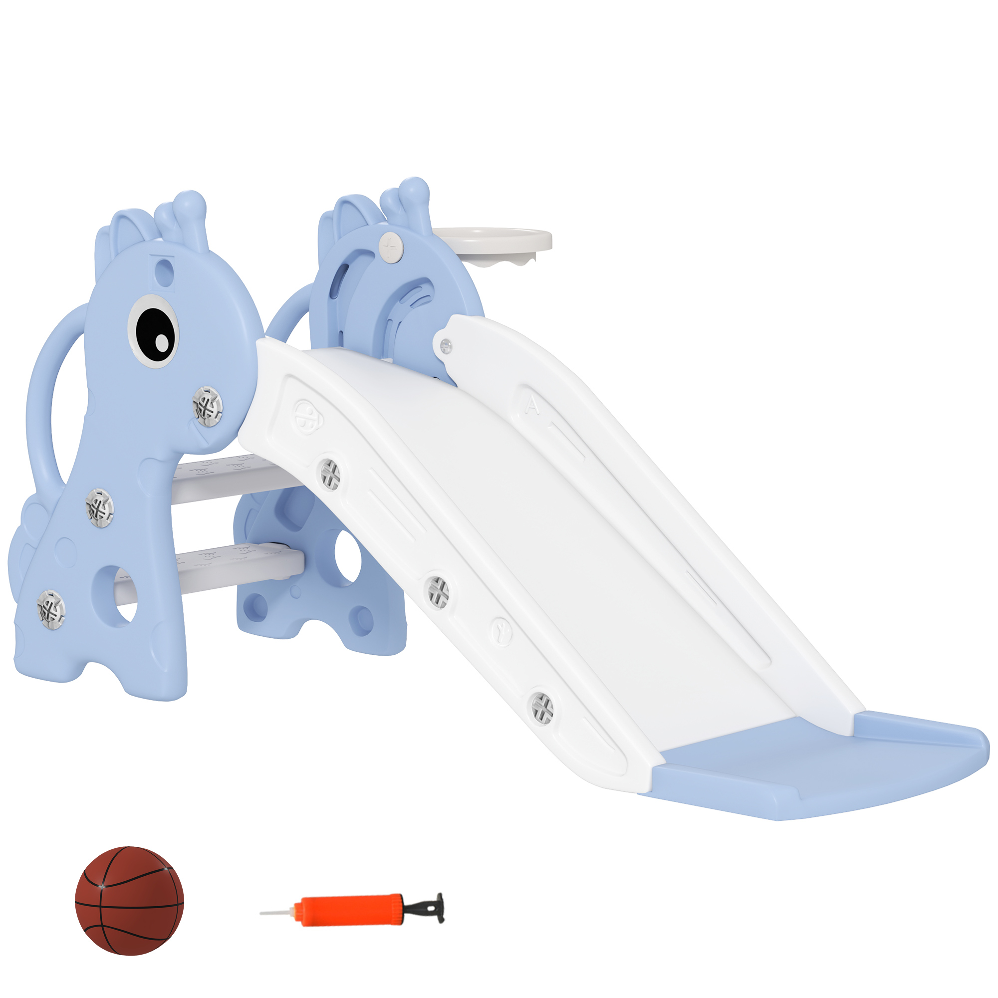 3-in-1 Rutsche für Kinder, Giraffenform, Basketballkorb, Ball, Blau
