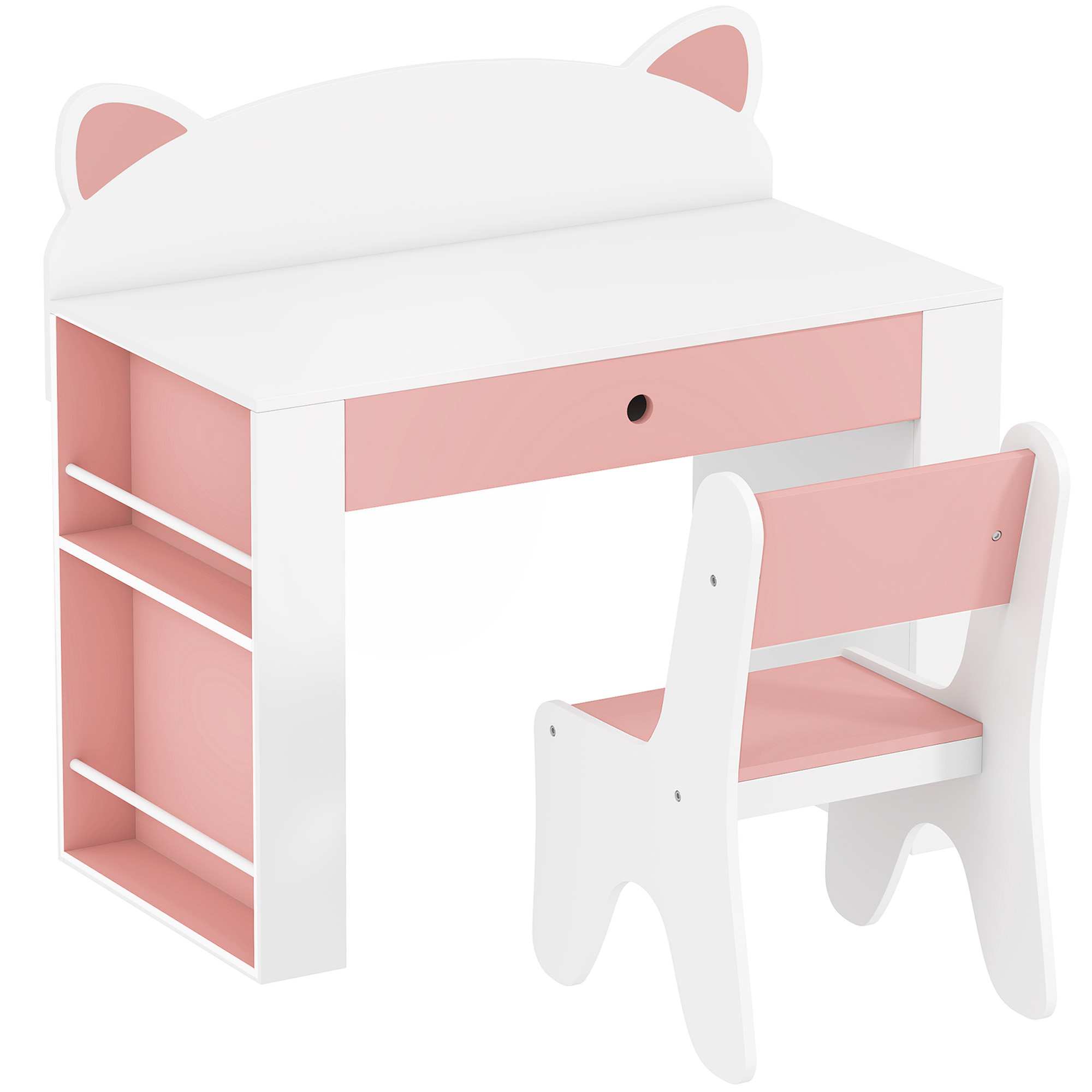 Kindertisch mit Stuhl 2 teilige Kindersitzgruppe mit Bücherregal Schublade Fuchs-Design für Kinder 3-8 Weiß+Rosa
