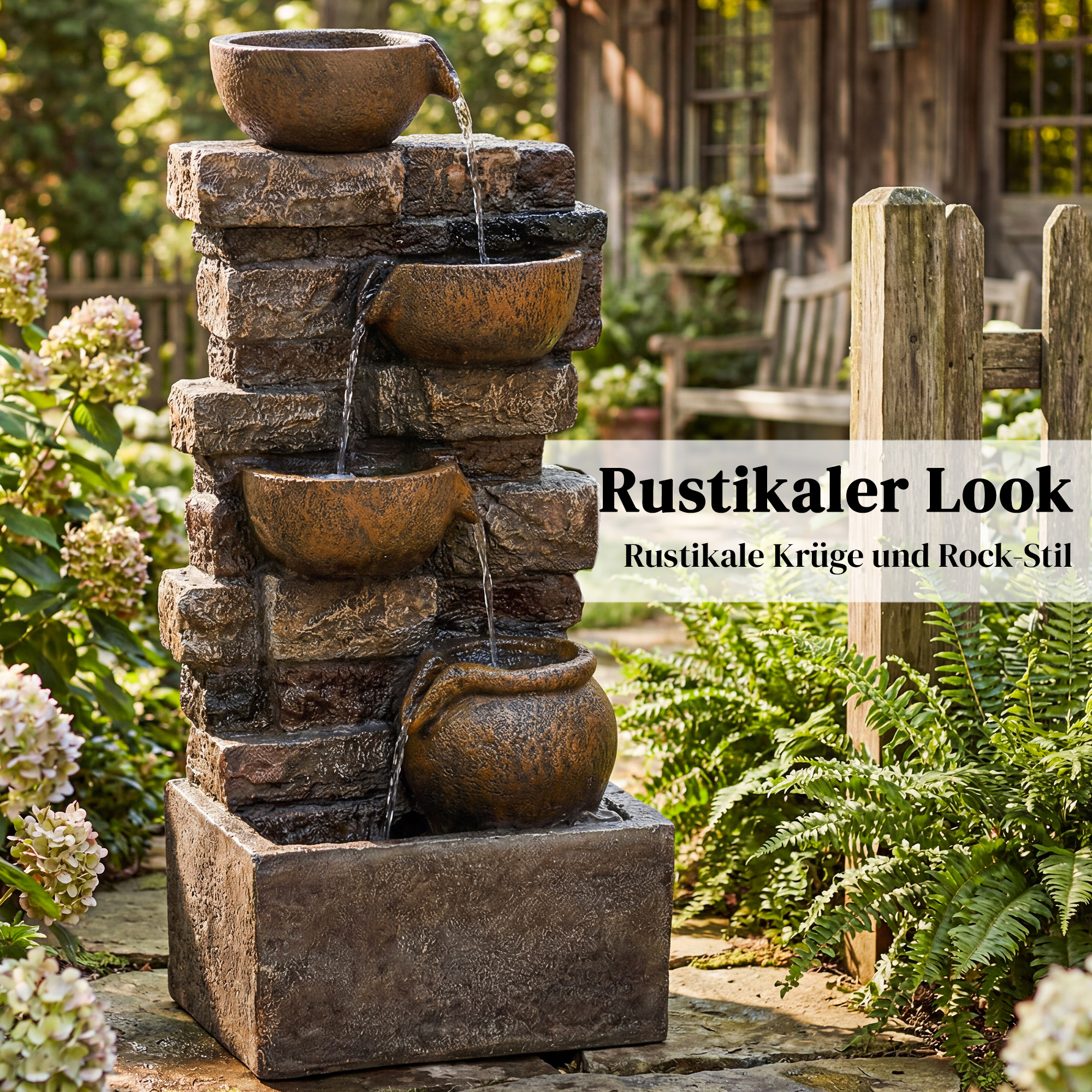 Springbrunnen 5-stufig Gartenbrunnen mit LED Beleuchtung Steinoptik Pumpe, Verstellbar 31 x 25,5 x 72 cm