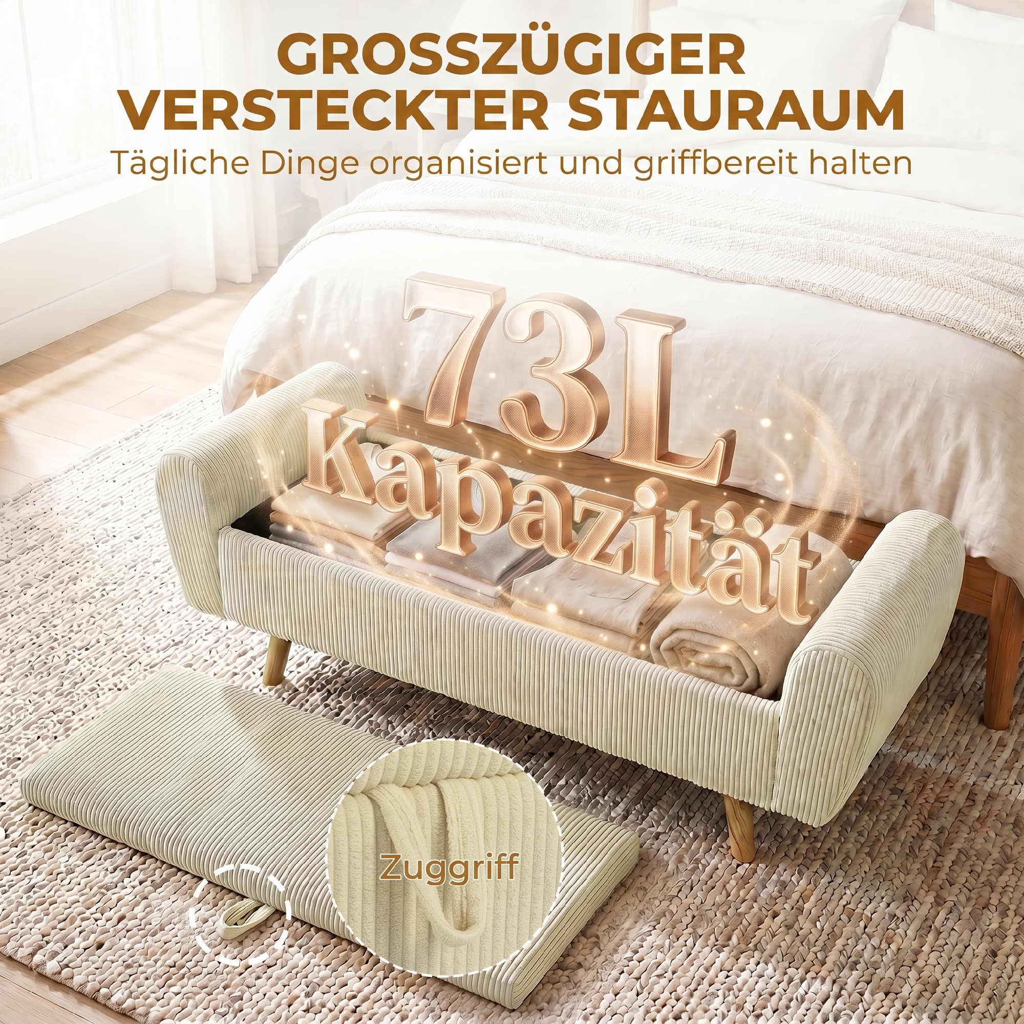 Sitzbank mit Stauraum, Polsterbank mit Cord-Optik, Holzfüßen und Gerollten Armlehnen, Beige