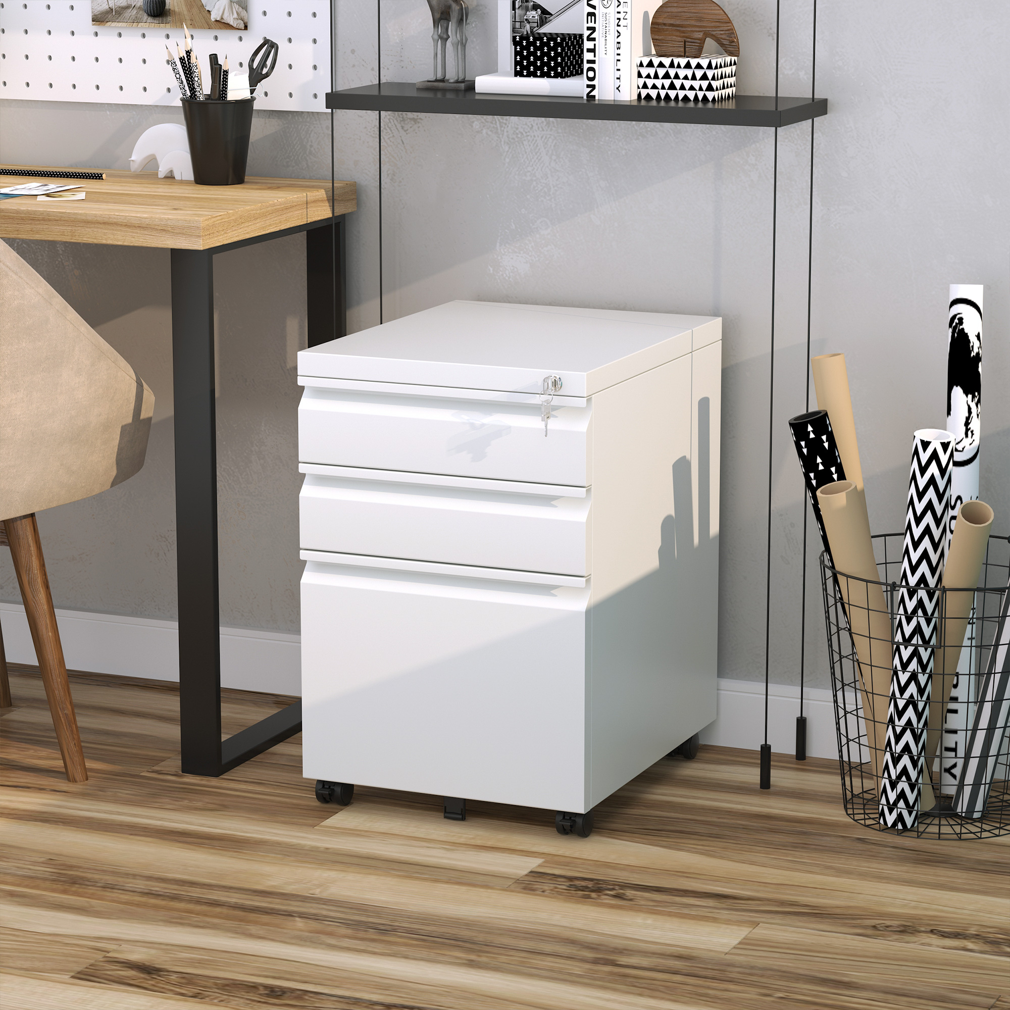 Rollcontainer mit 3 Schubladen mobiler Aktenschrank mit Rollen abschließbar Büroschrank mit konkavem Griff, Schubladenschrank für Büro, Homeoffice, 39 x 48 x 60 cm, Weiß