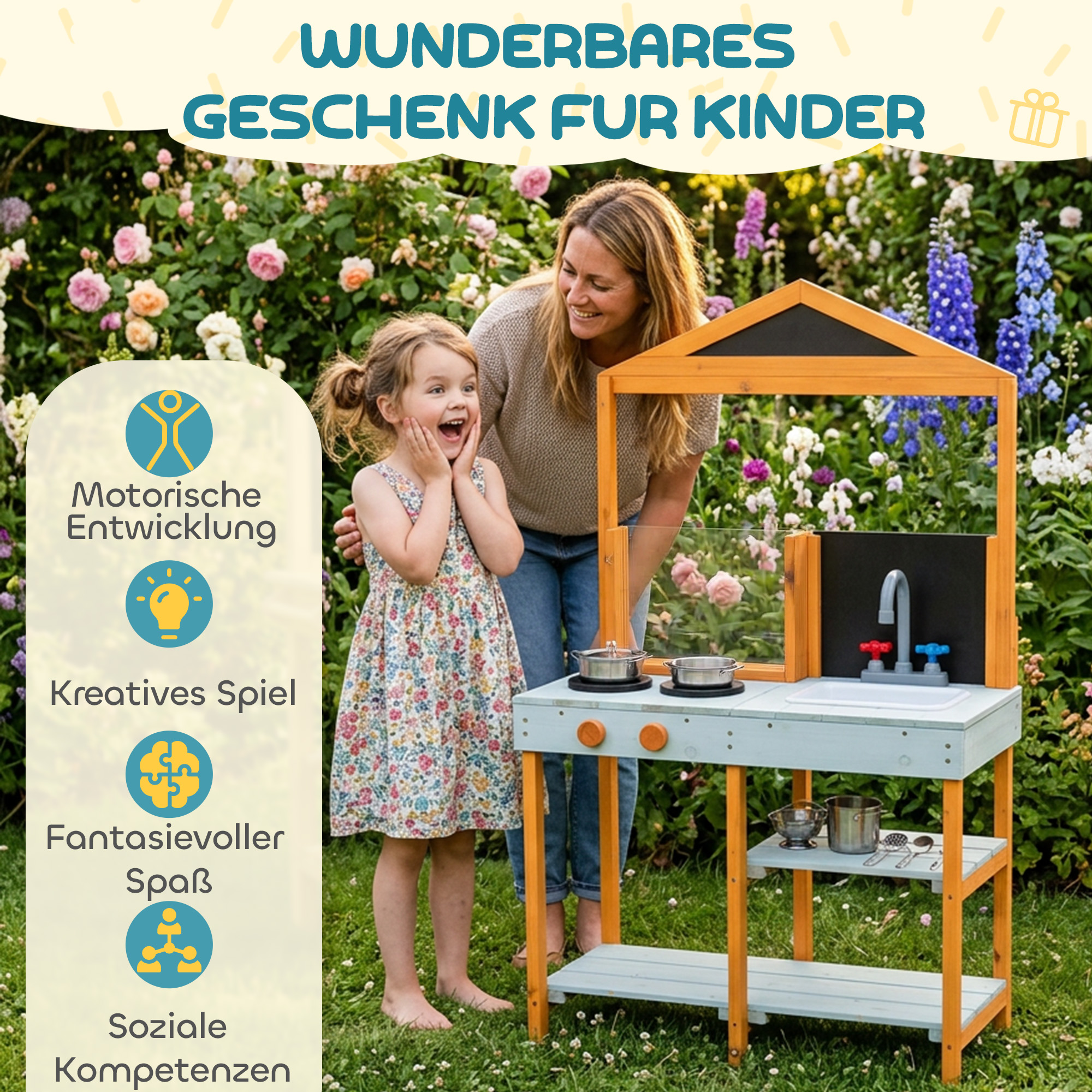 Matschküche Kinder Outdoor Spielküche Holz mit Herd Abnehmbarer Spüle Regalen für Kinder von 3-8 Jahren, Hellblau