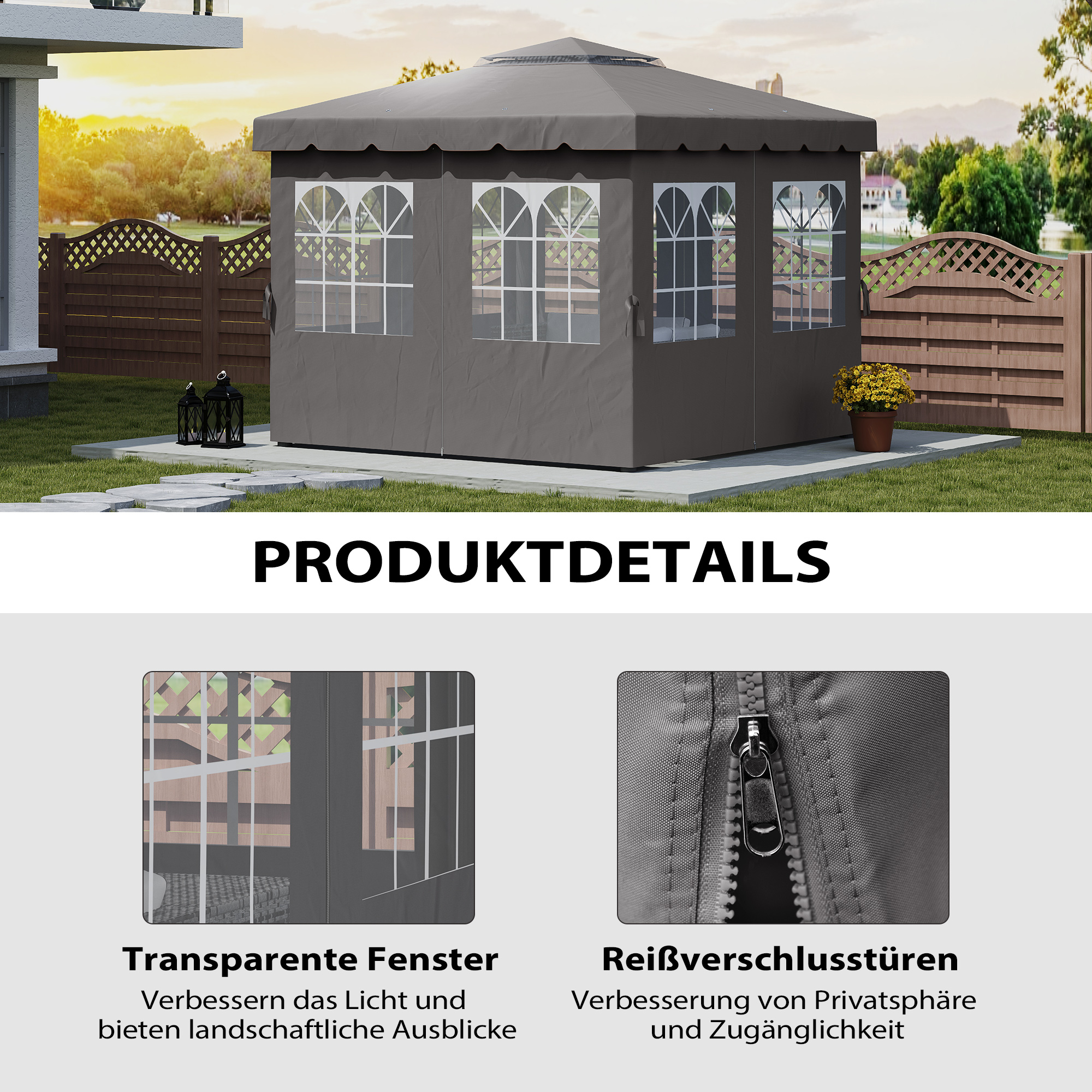 Pavillon-Seitenwände, 4 Seitenwand-Paneele für Gartenpavillon, mit Reißverschluss, 3 x 4 m Pavillon, Dunkelgrau