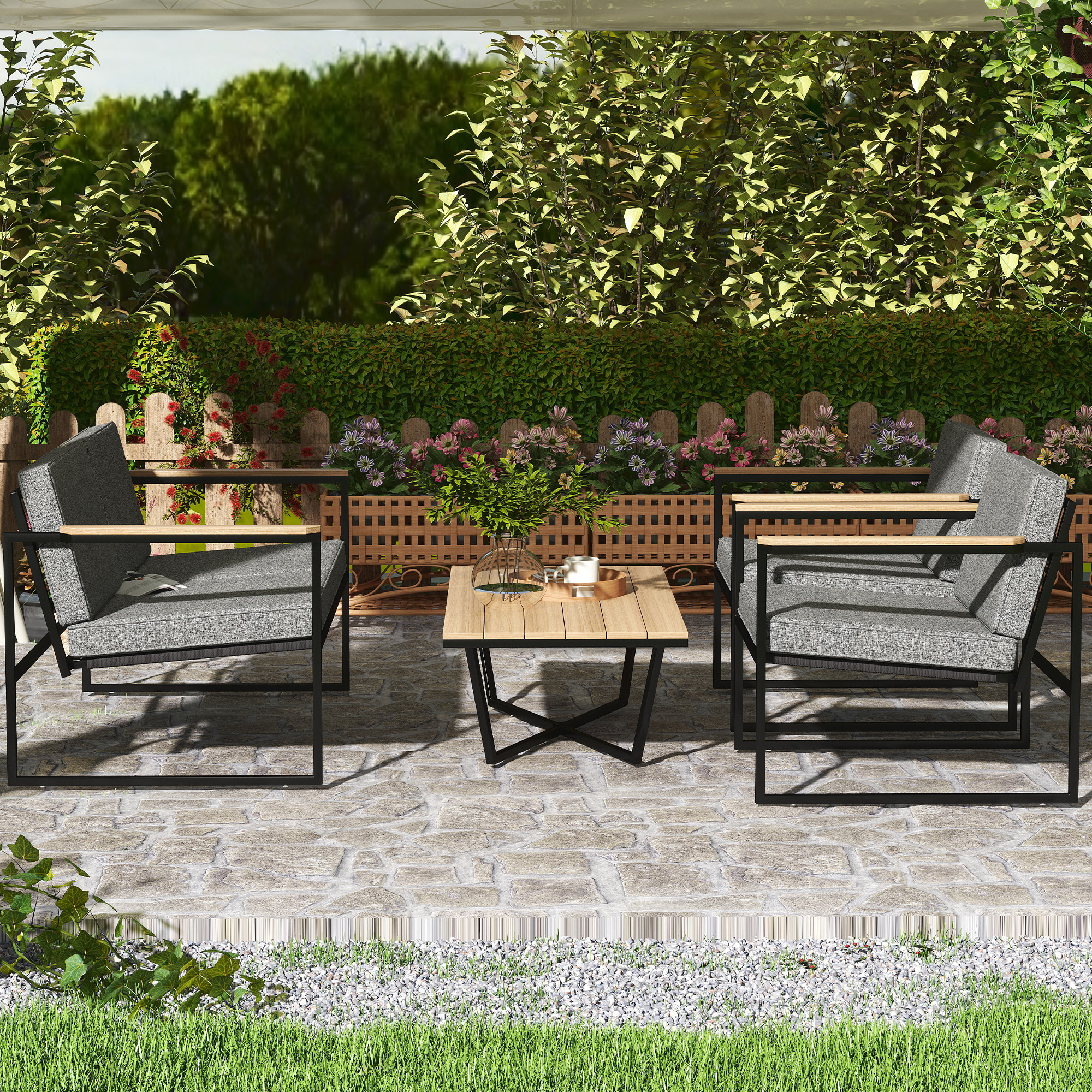 Gartenmöbel Set 4 Personen wetterfest Balkonmöbel-Set mit 2er Sofa, 2 Stühle Sitzkissen Beistelltisch Grau