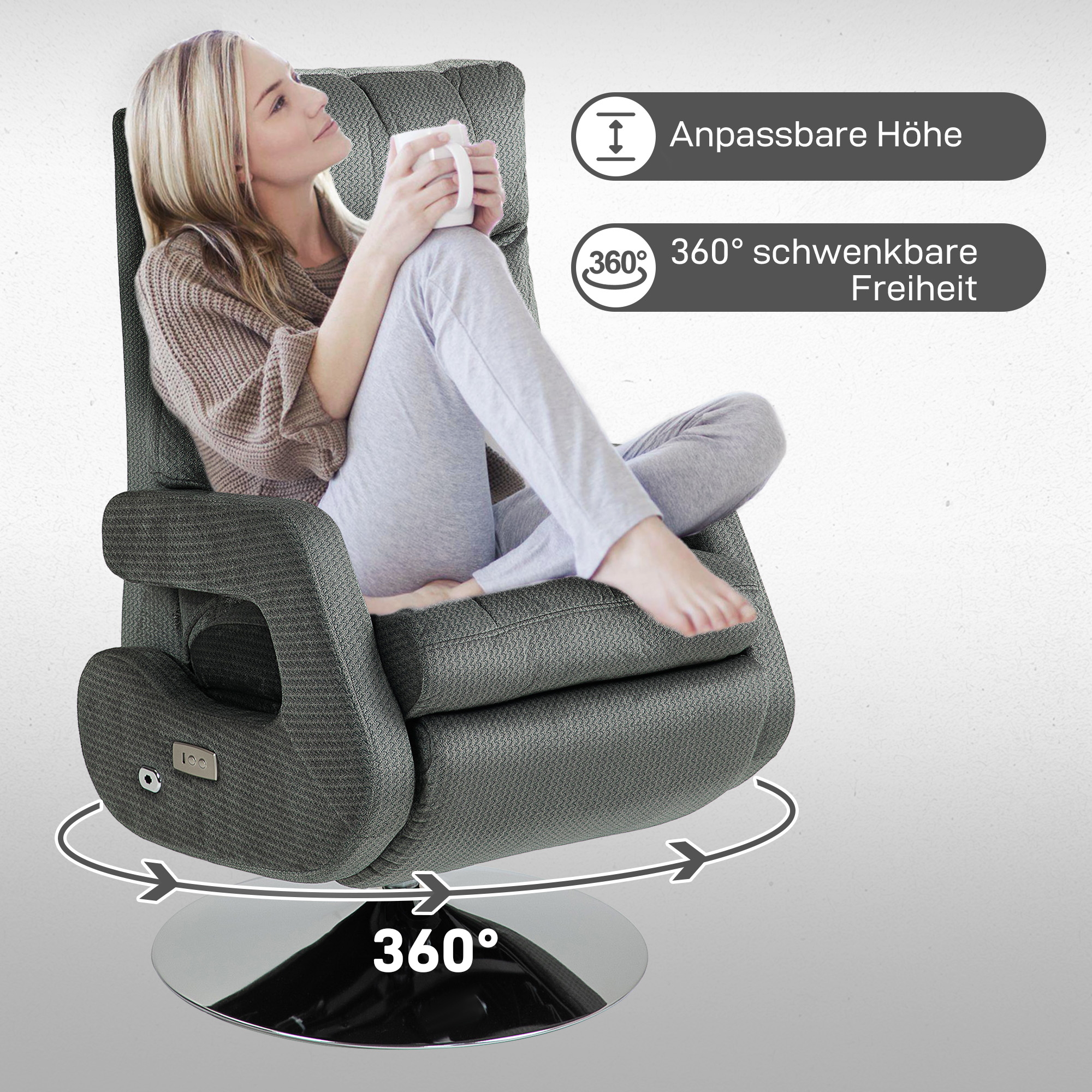 Recliner-Sessel, Elektrischer Polstersessel mit USB-Anschluss und Fußstütze, Samtoptik, drehbar, verstellbar, Grau