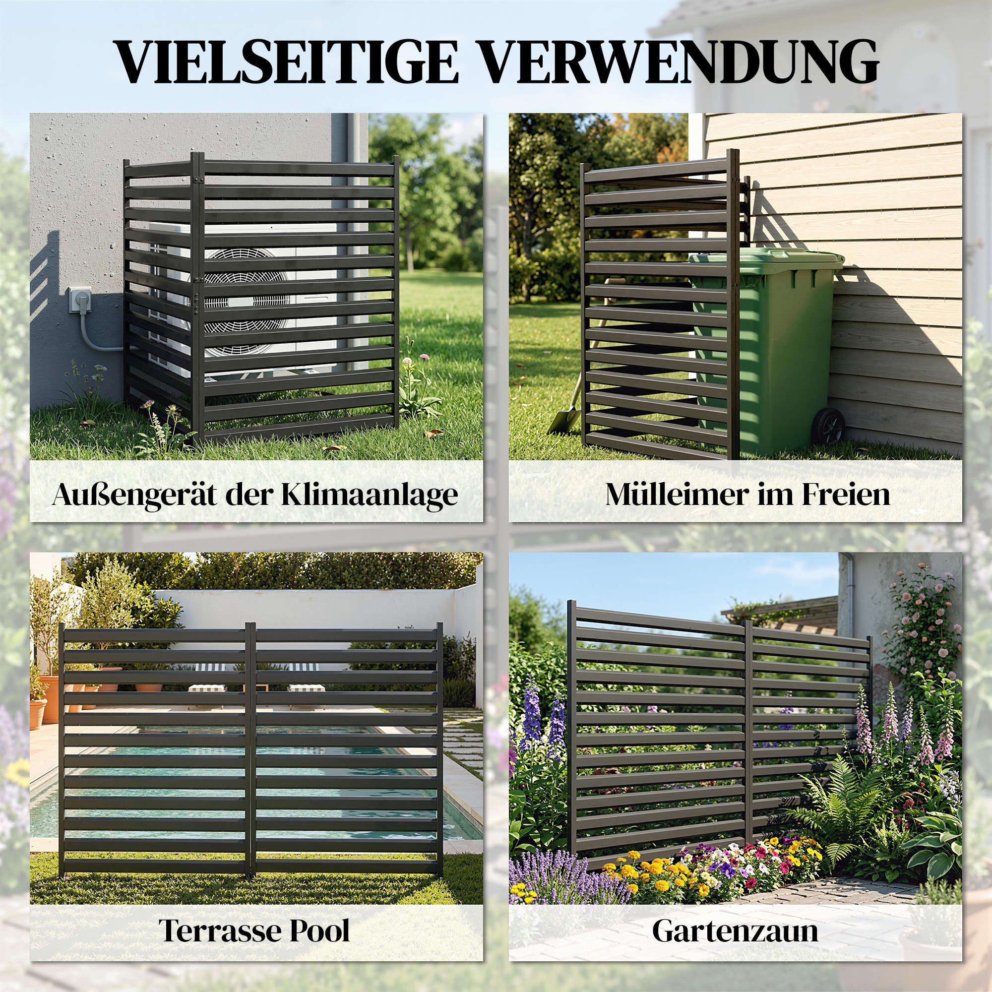 Gartenzaun 2 Paneele 91 x 152 cm Metall Sichtschutzzaun mit Pfosten & Schutzkappen rostfreie Schwarz
