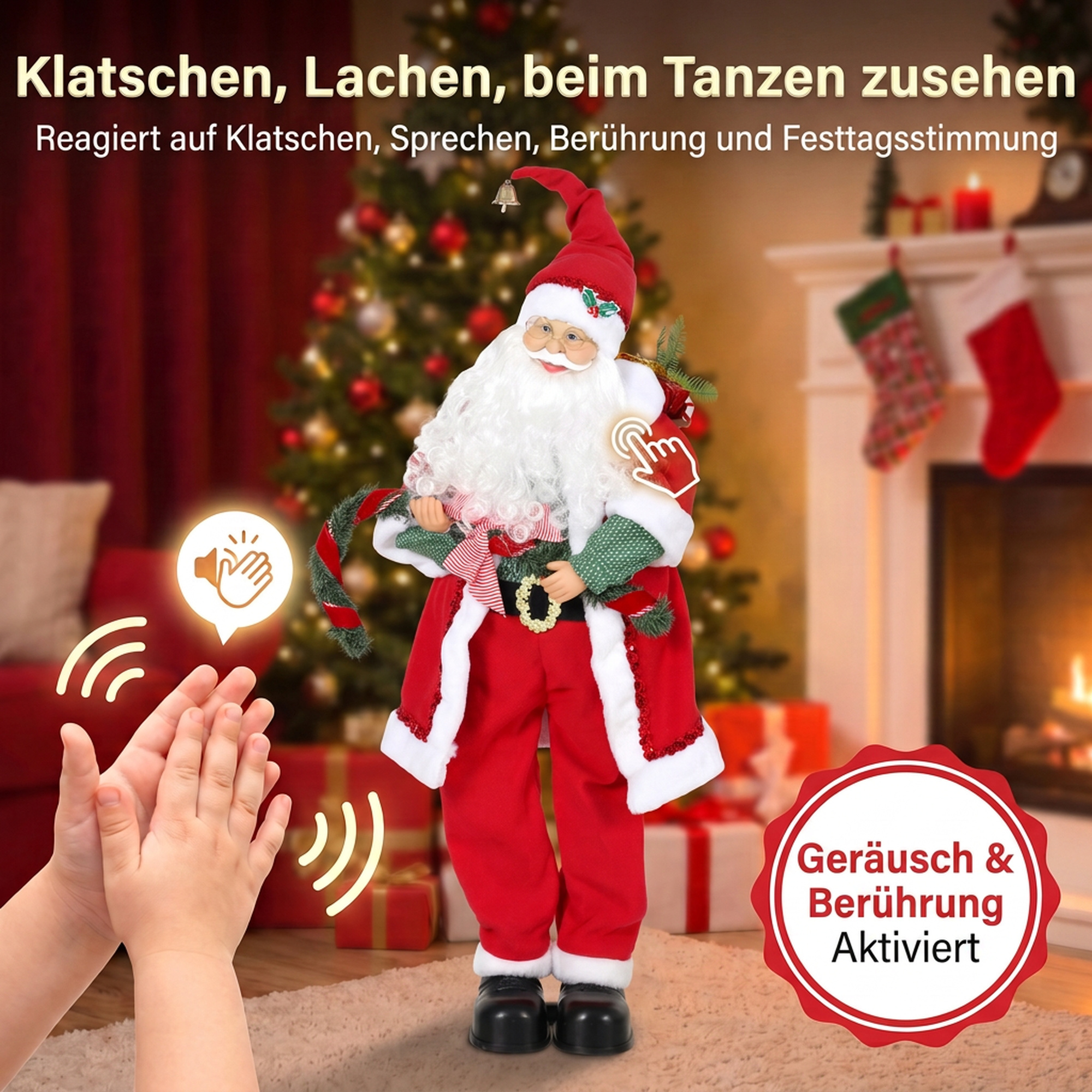 Singender & tanzender Weihnachtsmann, 120 cm, stehende animierte Weihnachtsfigur mit Girlande & Sack, per Sound/Berührung aktiviert