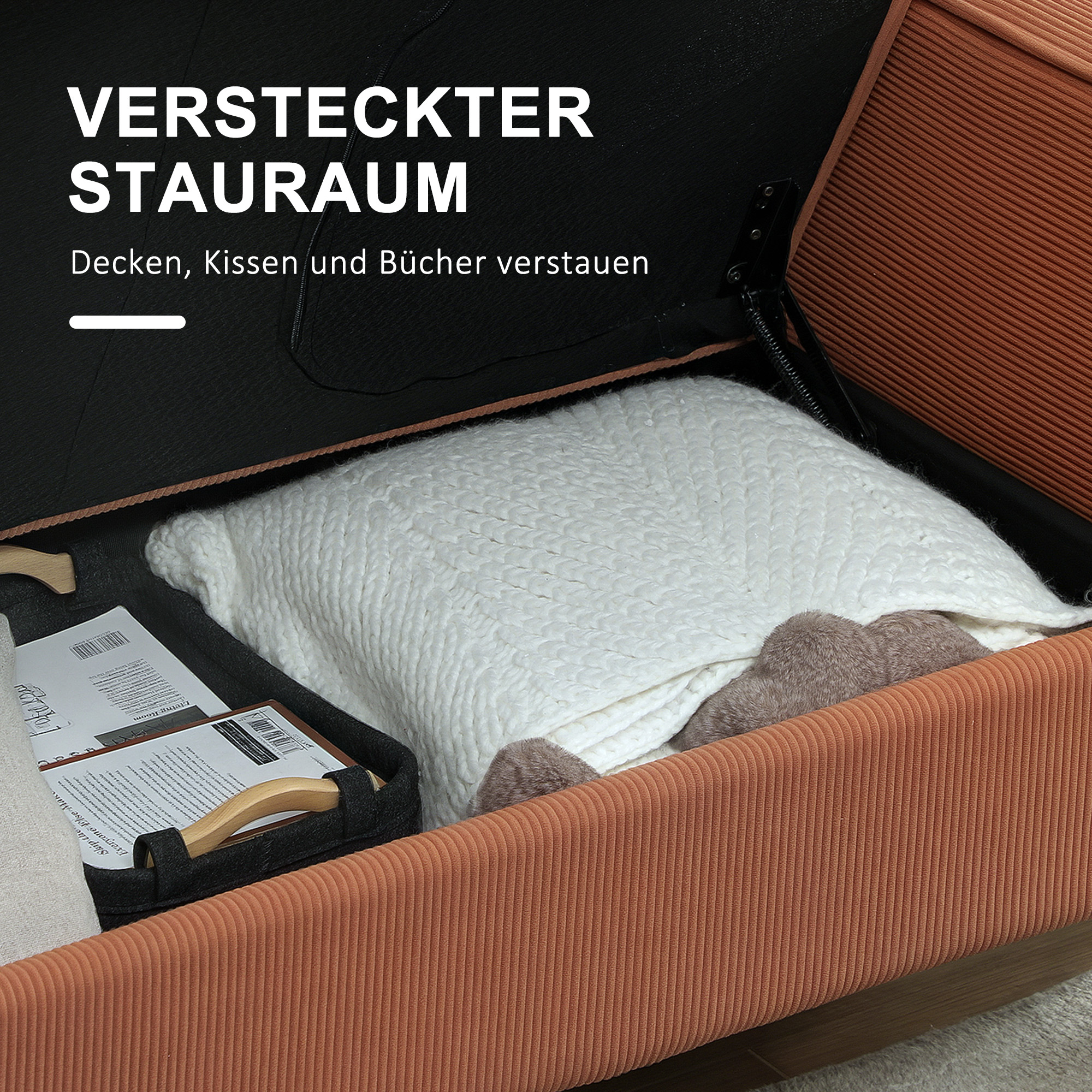 Zweisitzer-Sofa mit Stauraum und soliden Holzbeinen, für Wohnzimmer, Schlafzimmer, 117 x 63 x 79 cm, Orange