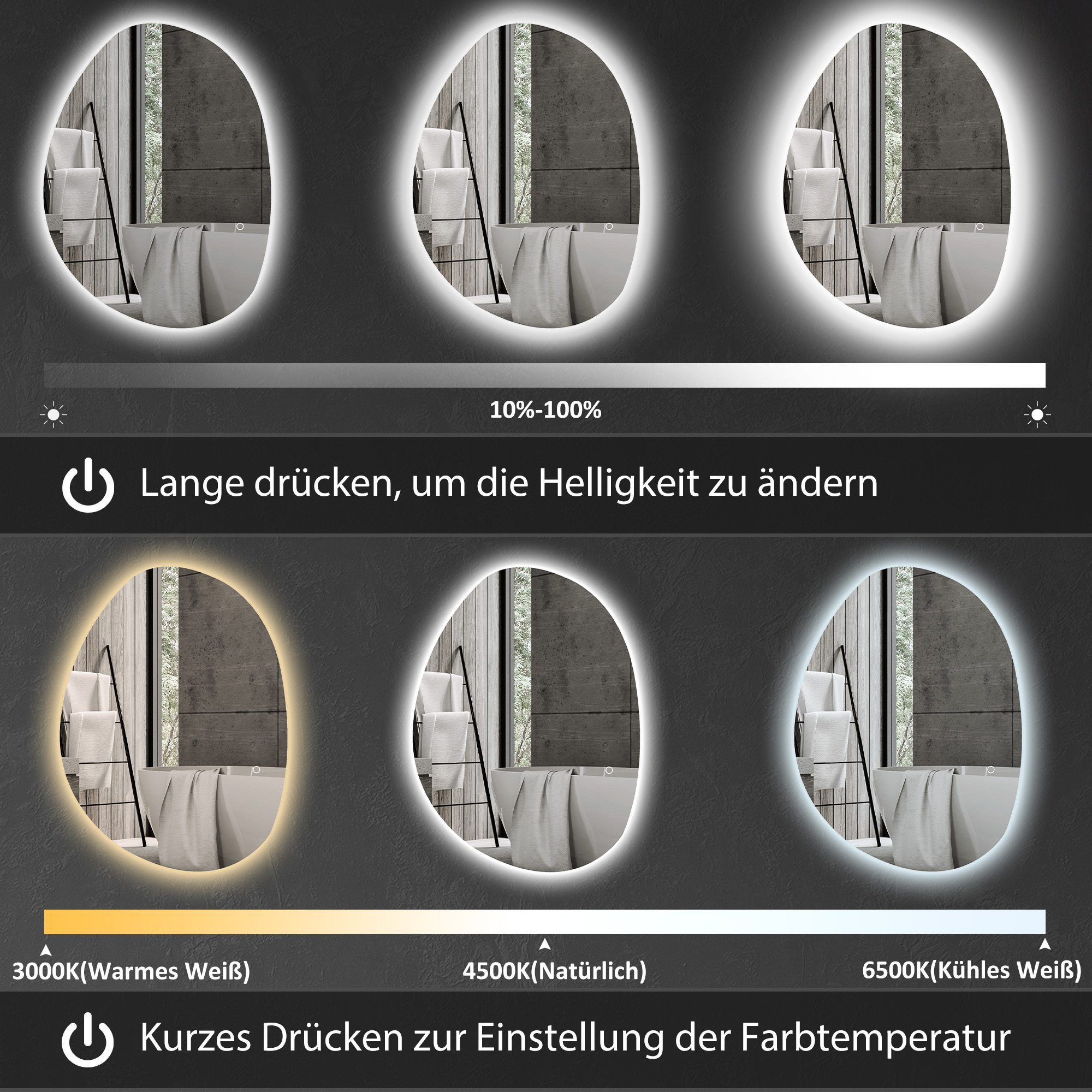 70 x 50 cm Asymmetrischer Badspiegel mit LED-Licht, Smart Touch Schalter, Anti-Beschlag-Funktion, Silber