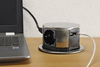Schreibtisch-Einbausteckdose 3x +USB A+C, versenkbar, Edelstahl-Ausführung, rund