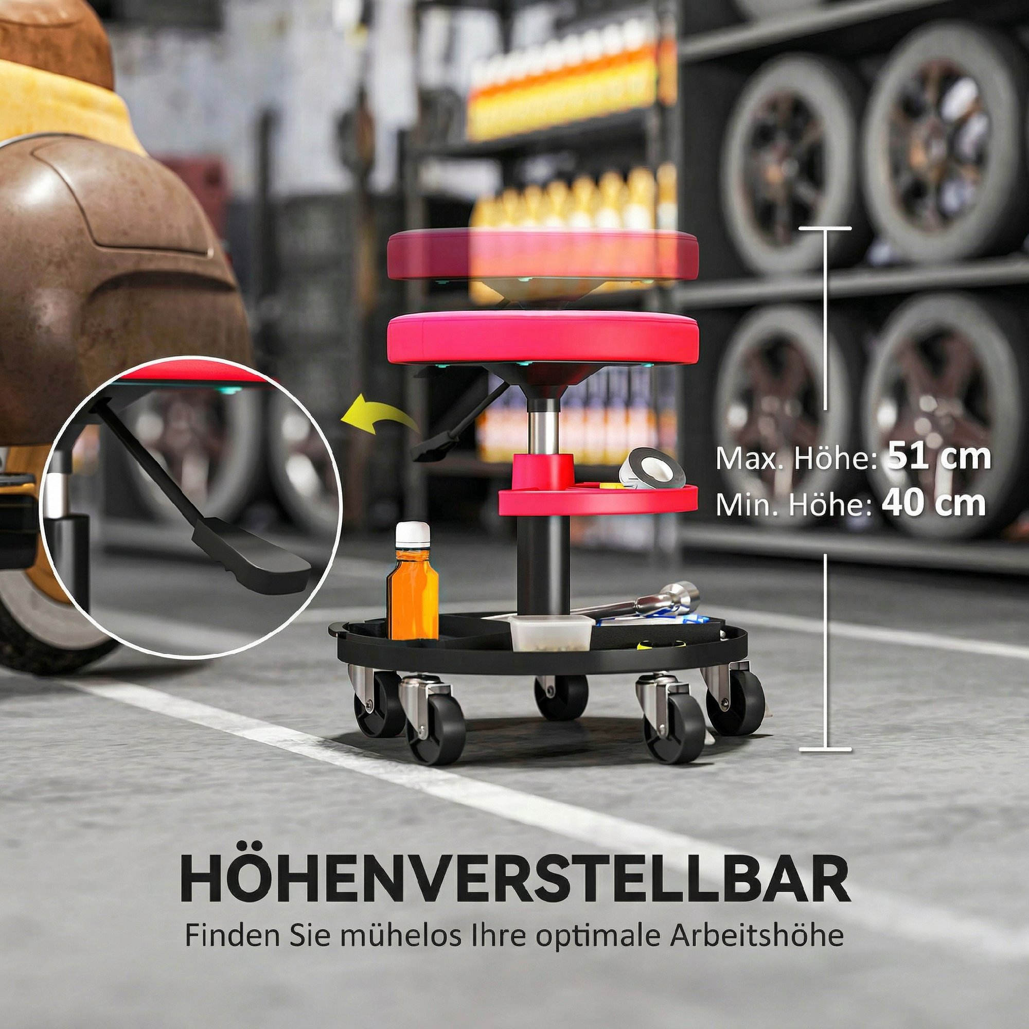 Werkstatthocker mit Rollen Tabletts höhenverstellbar 40-51cm Rollhocker bis 135 kg belastbar Rot