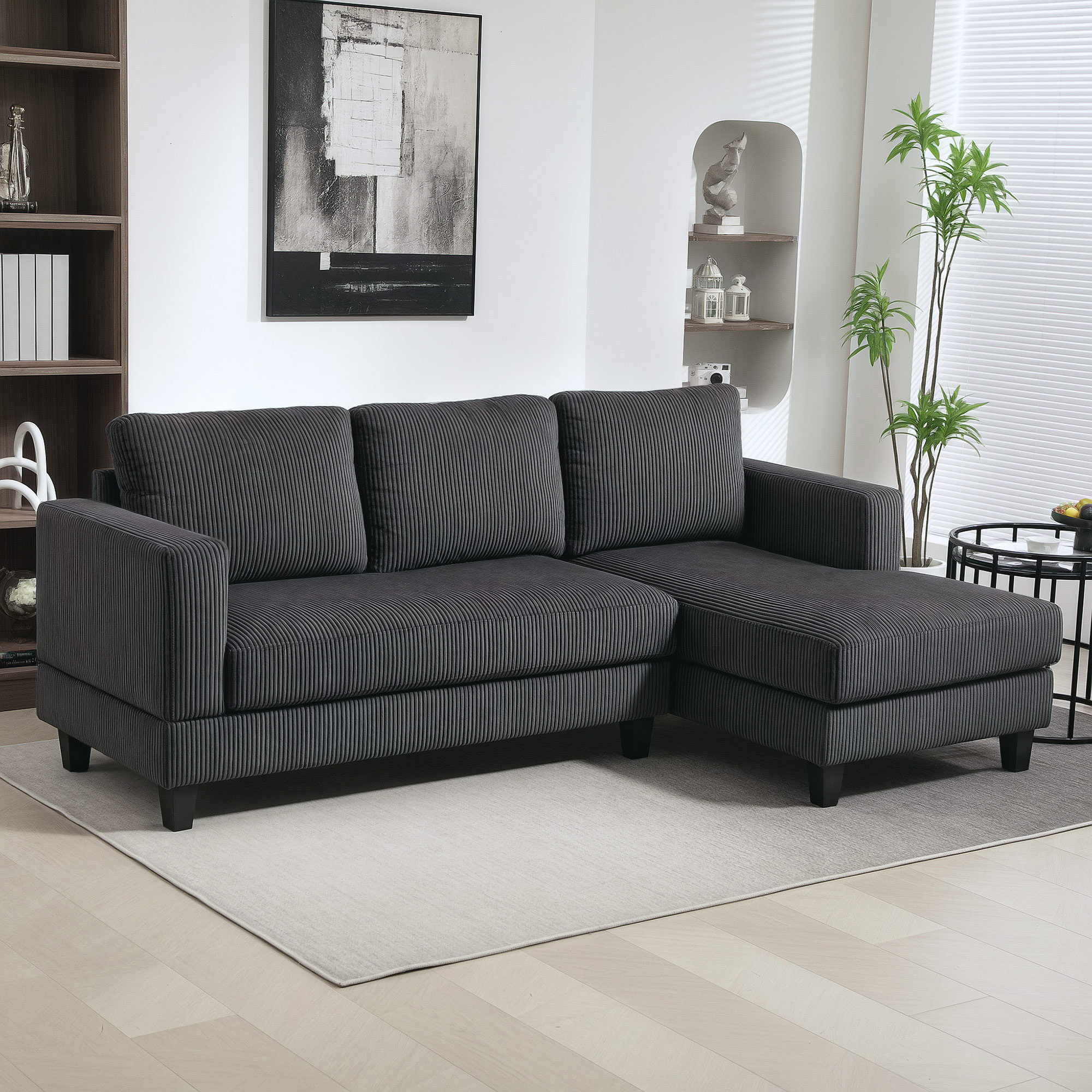 Ecksofa, L-förmiges 3-Sitzer-Sofa mit Chaiselongue, Holzkonstruktion, 8 Beine, Cordstoff, Schaumstoffpolsterung, Grau
