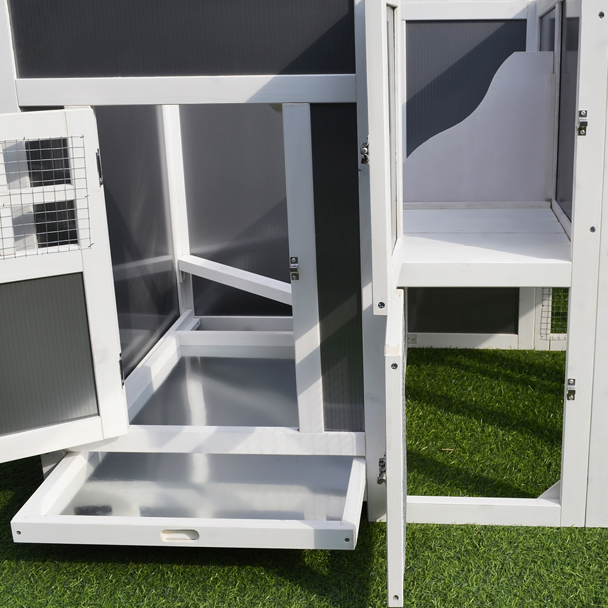 Hühnerstall Hühnerhaus aus Holz 160 x 75 x 80 cm Freilaufgehege mit Tür Nistkasten wasserdicht Dach herausziehbarem Tablett Sitzstange Auslauf Hühnergehege für 1-2 Hühner für Garten Grau+Weiß