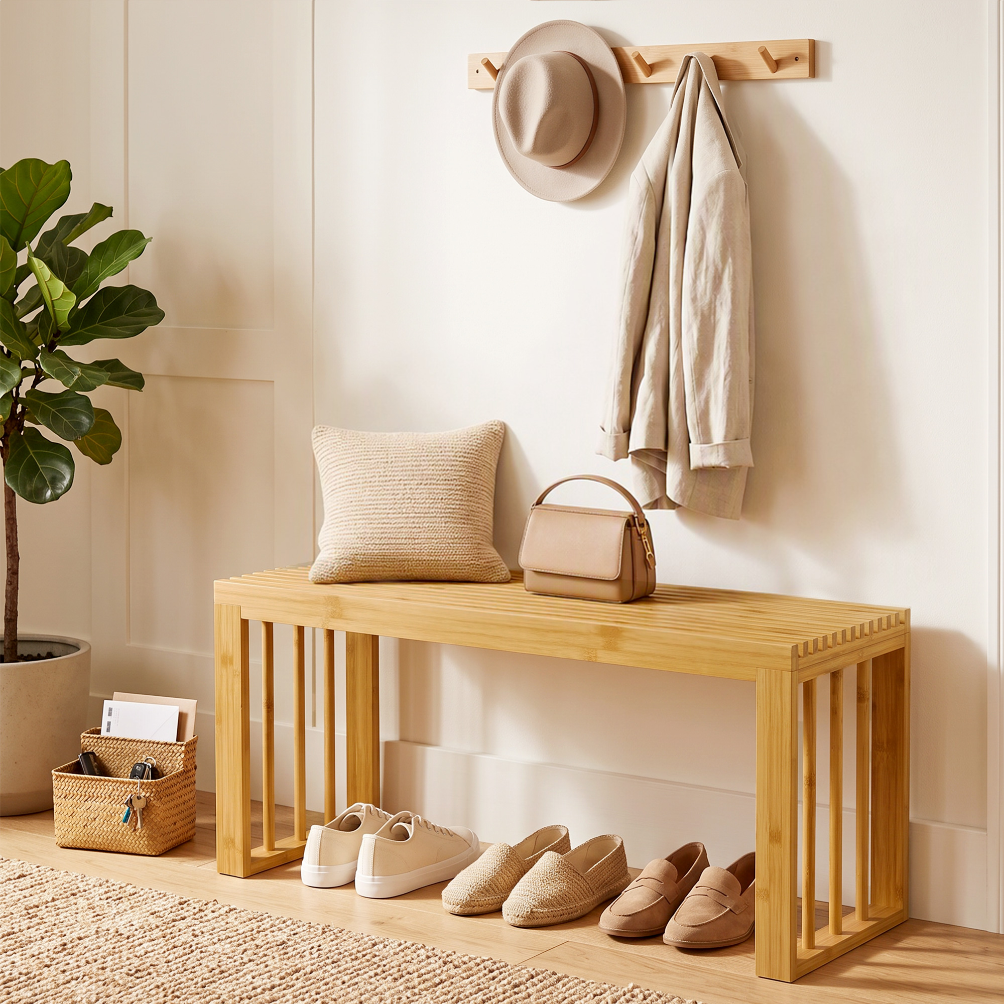 90 cm Bambus-Schuhbank, Flurbank ohne Rückenlehne, Sitzbank für Eingangsbereich, Natur