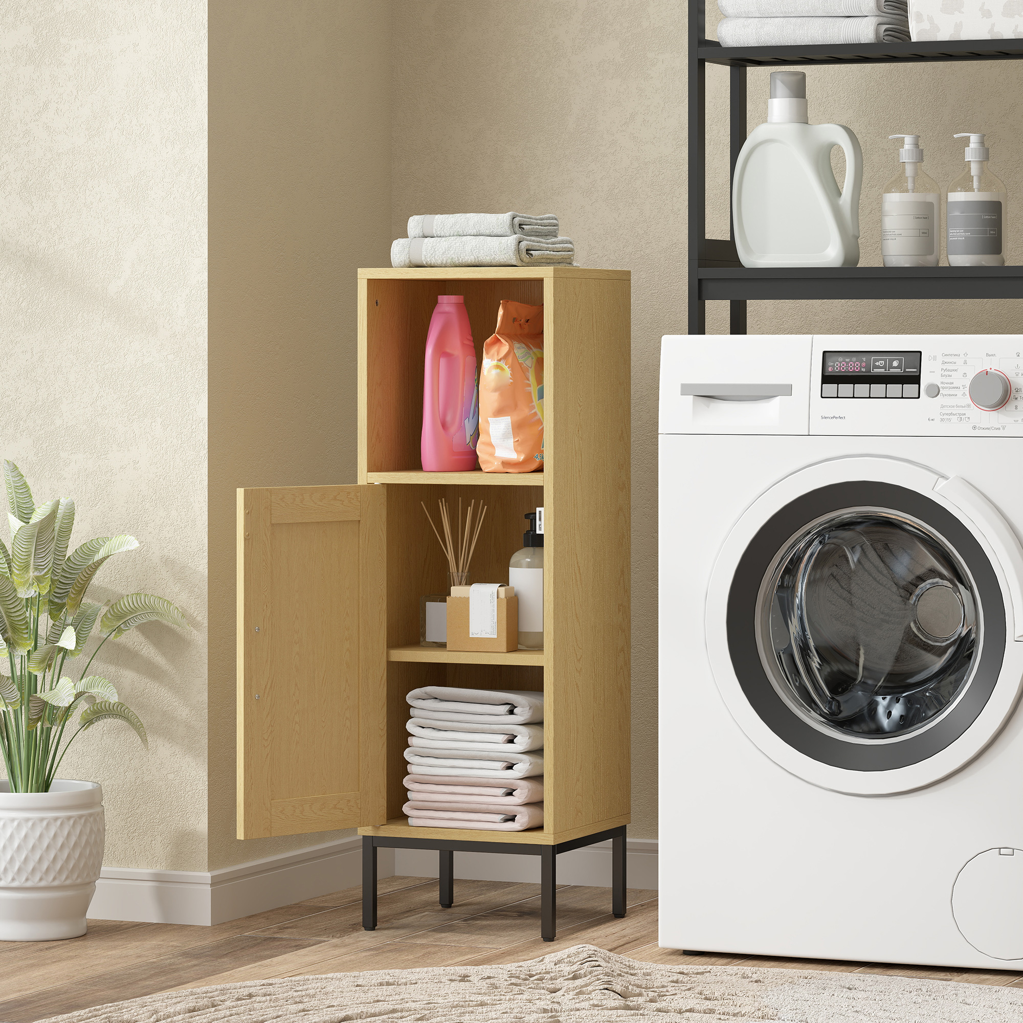 Badezimmerschrank, schmaler Badschrank freistehend mit verstellbarem Einlegeboden, Natur