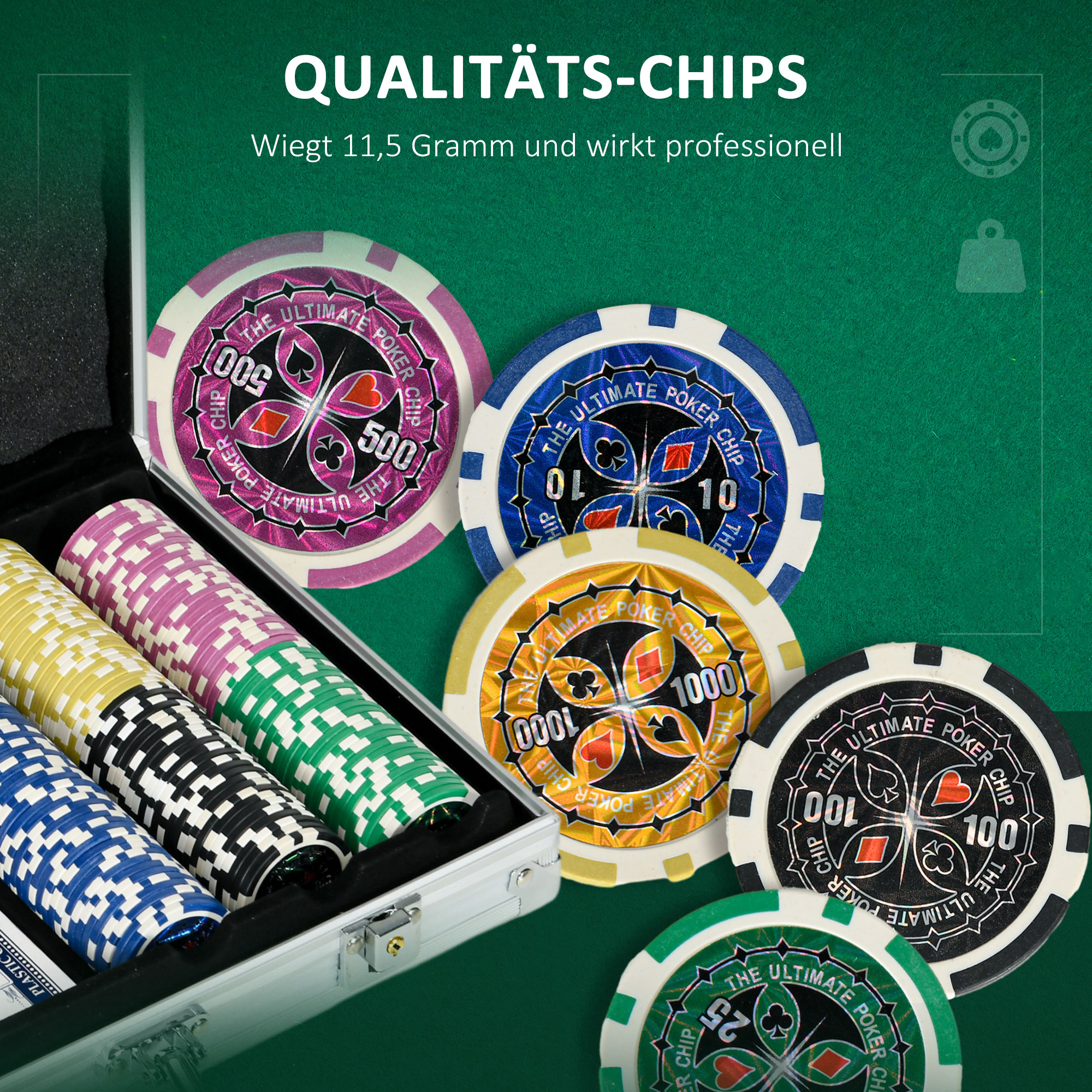 Casinozubehör und Chips Pokerset mit Chips Pokerchip-Koffer, inkl. Unterlage, Set mit 300 Chips, 2 Kartenspielen, 5 Würfeln
