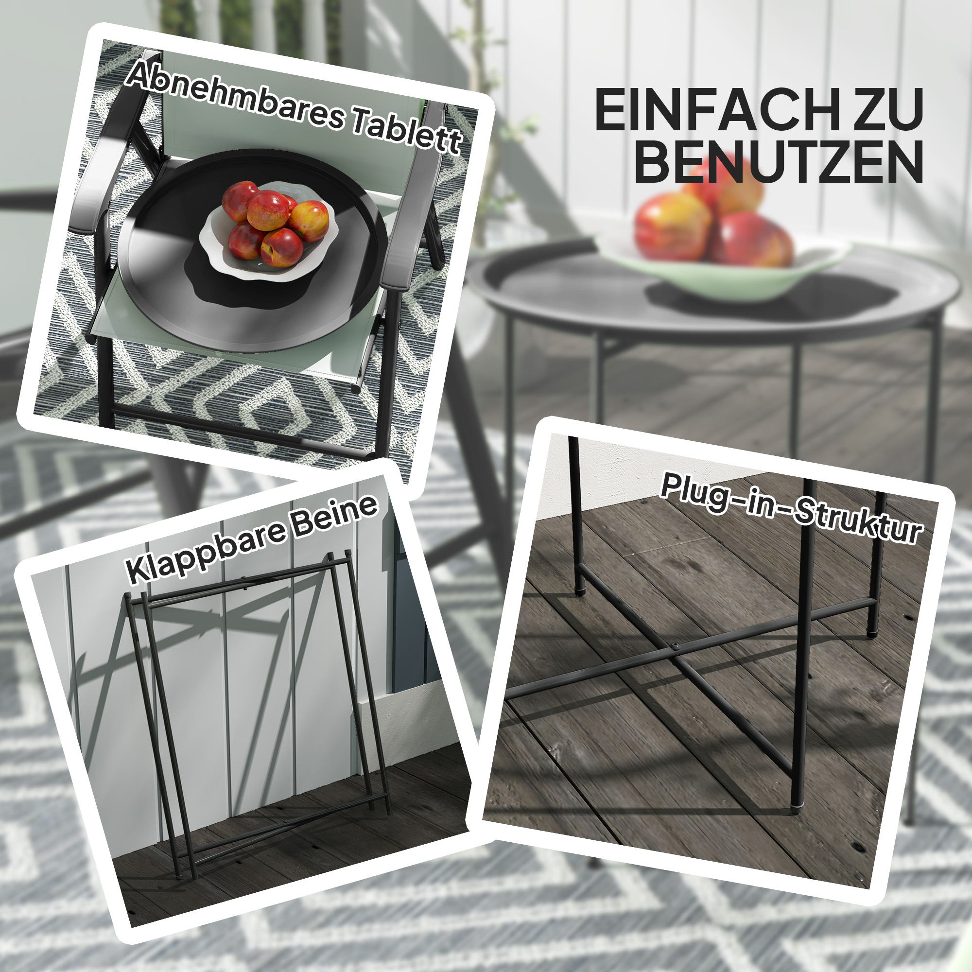 Gartentisch, runder Außen-Beistelltisch aus Stahl mit herausnehmbarem Tablett, faltbares Design, Terrassentisch, Schwarz