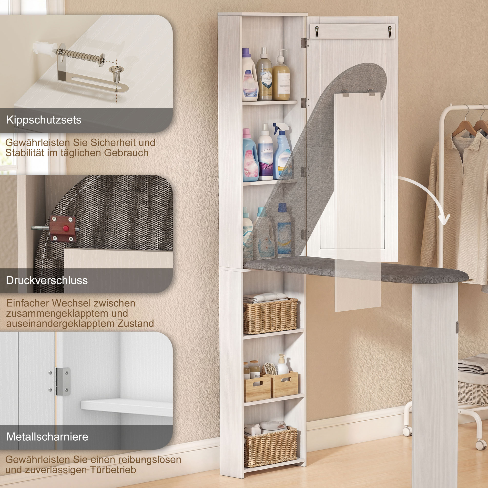 Faltbar Bügelbrettschrank mit Tür internen Regalen Spiegel Platzsparend Bügeltisch für Wäschepflege 106x35x174 cm Weiß