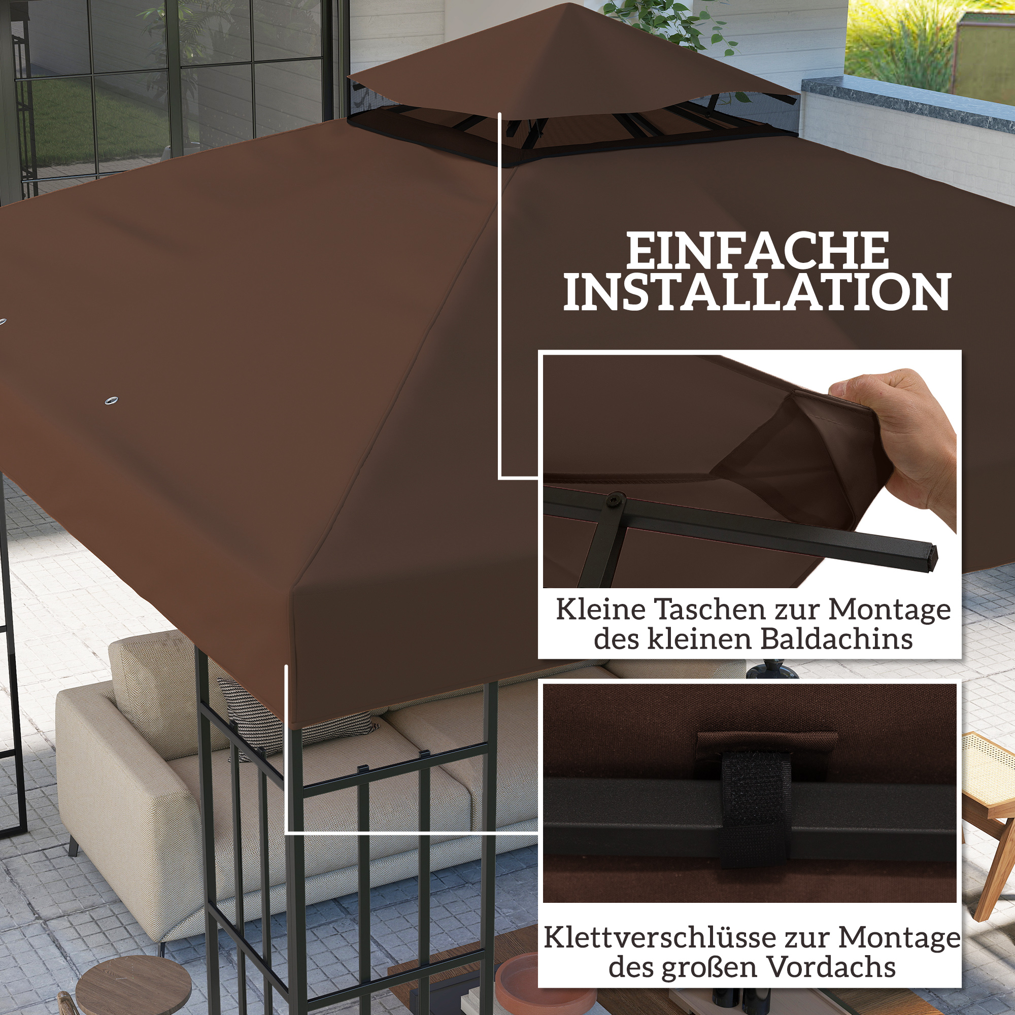 3 x 3 m Ersatzdach für Pavillon, Pavillon-Ersatzplane mit Wasserablauf-Löchern, UPF30+, Sonnenschutz, Kaffee