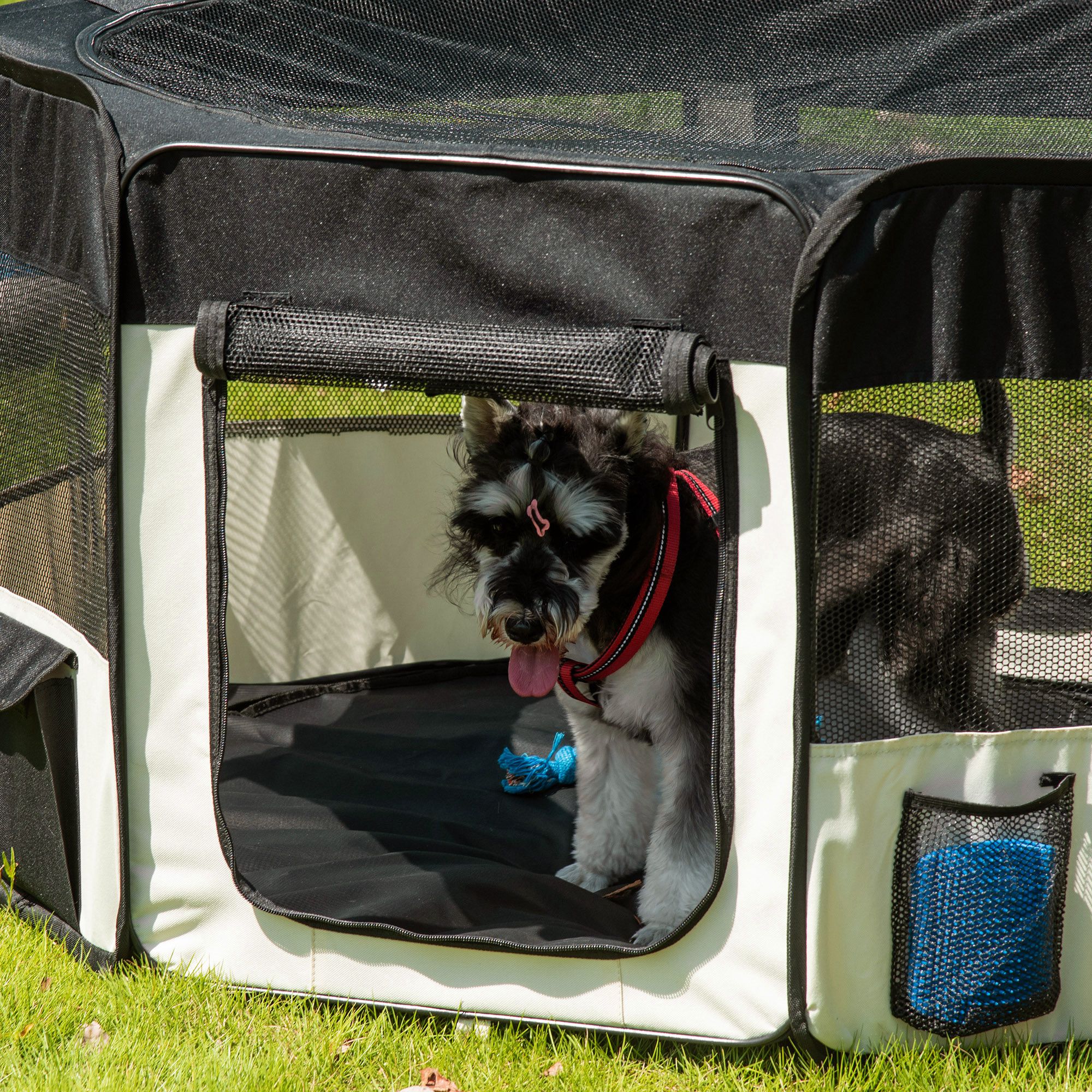 Welpenauslauf, Faltbar Welpenlaufstall mit Netzabdeckung, Laufstall für Hunde, Katzen, Kleintiere, Hundelaufstall aus atmungsaktives Netz, für Wohnung, Ø120 x 58H cm  Schwarz+Cremeweiß