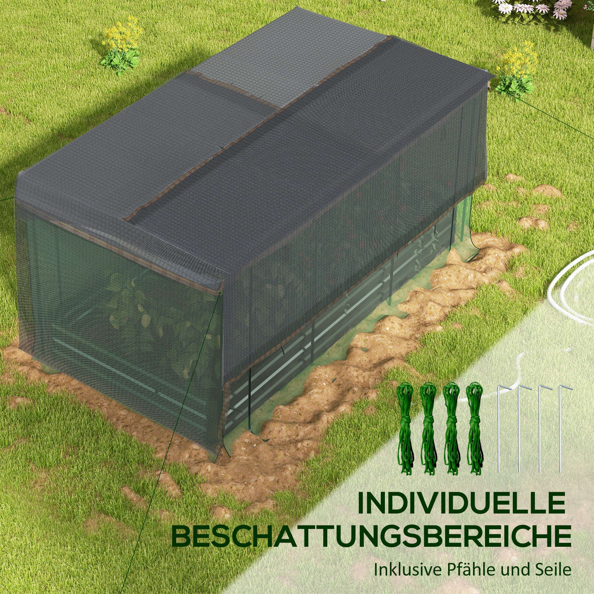 Hochbeet mit Vogelschutznetz und Sonnenschutz, Metall-Gehäuse, 230x110x110 cm, Grau/Grün/Schwarz