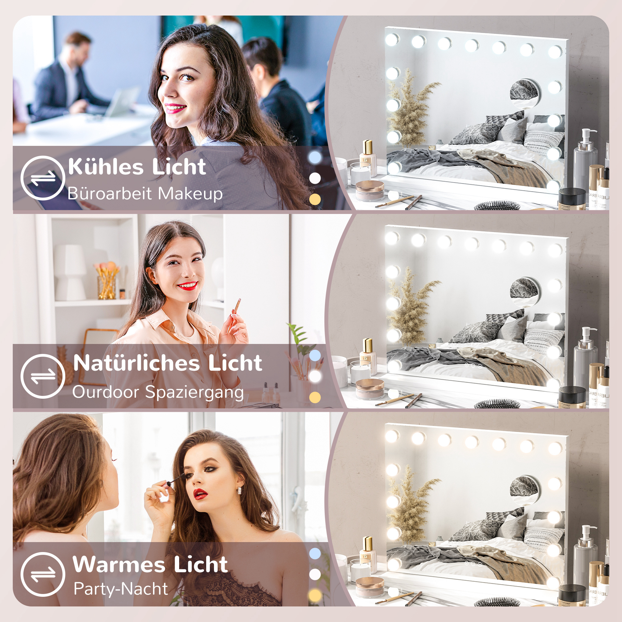 LED-Kosmetikspiegel, 3 Lichtmodi, dimmbar, Touch-Steuerung, USB, 58x48cm, Weiß
