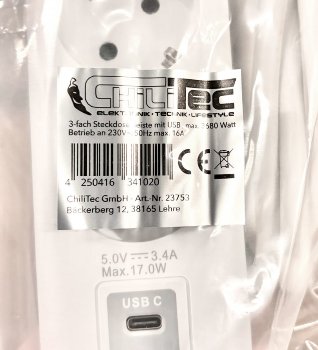 Steckdosenleiste mit Ladebuchsen für USB / USB-A /USB-C,3-fach, weiß, 1,5m Kabel
