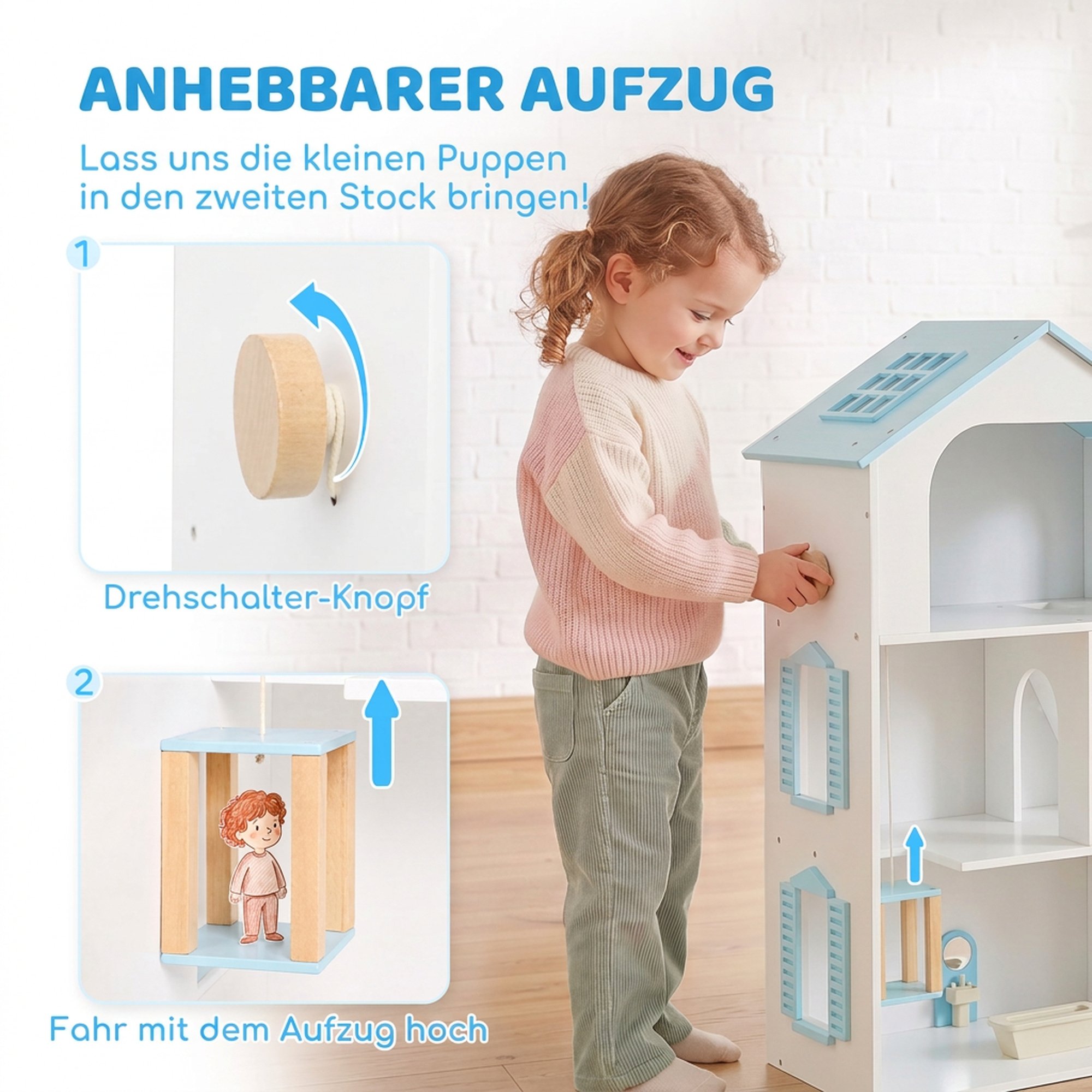 Puppenhaus 79,5 cm Hoch 3-stöckig mit Aufzug 13 Möbeln Balkon Groß Geschenk für Mädchen von 3-6 Jahren Blau