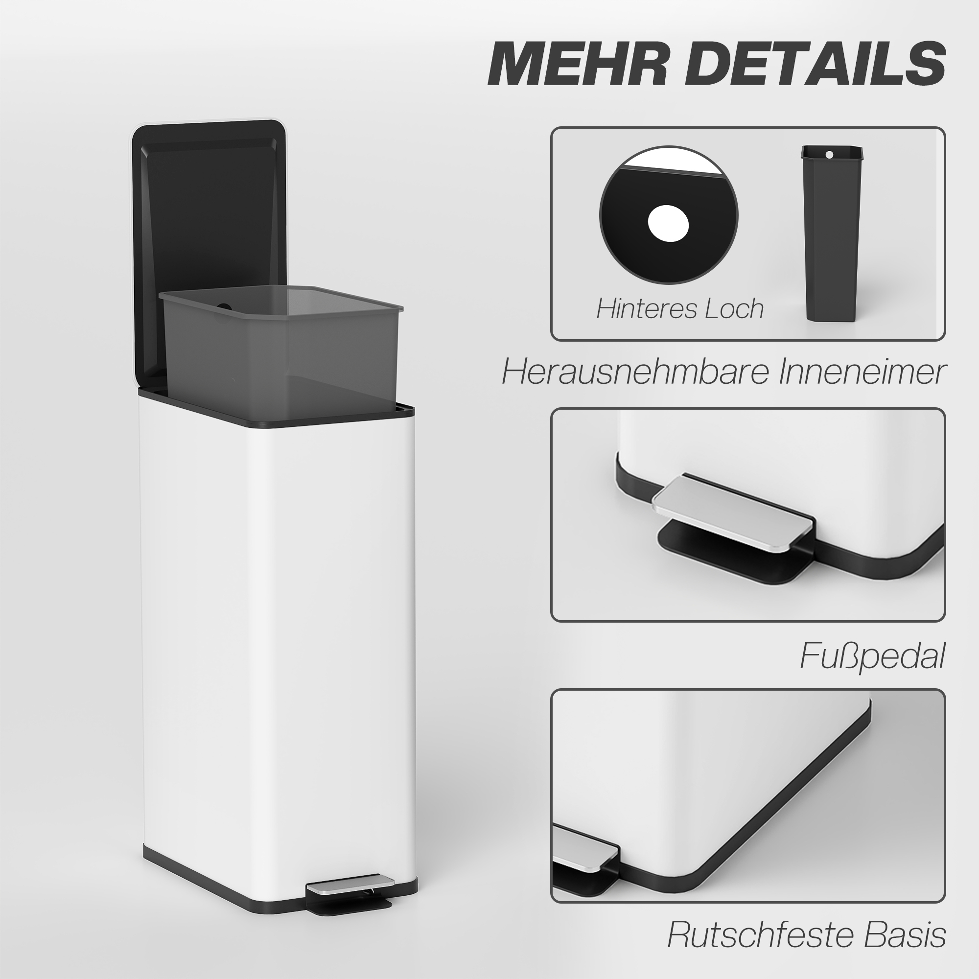Mülleimer 20l, Soft-Close-Deckel, Deodorant-Fach, Fingerabdrucksicher, Edelstahl, Weiß