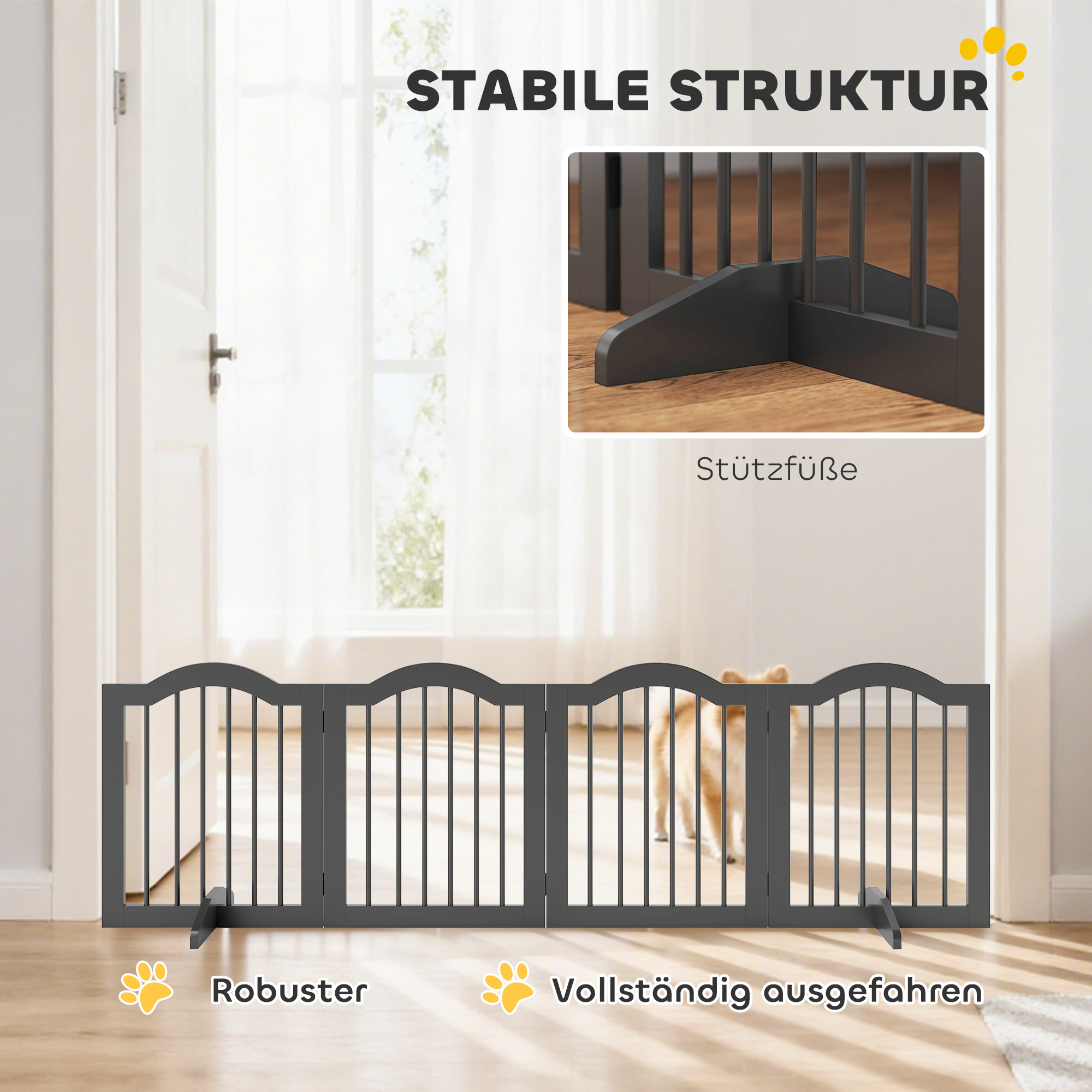 Absperrgitter Hund Freistehendes Schutzgitter mit Füßen, Klappbar Hundegitter, 4 Paneelen, 208 x 29,5 x 61 cm, Schwarz