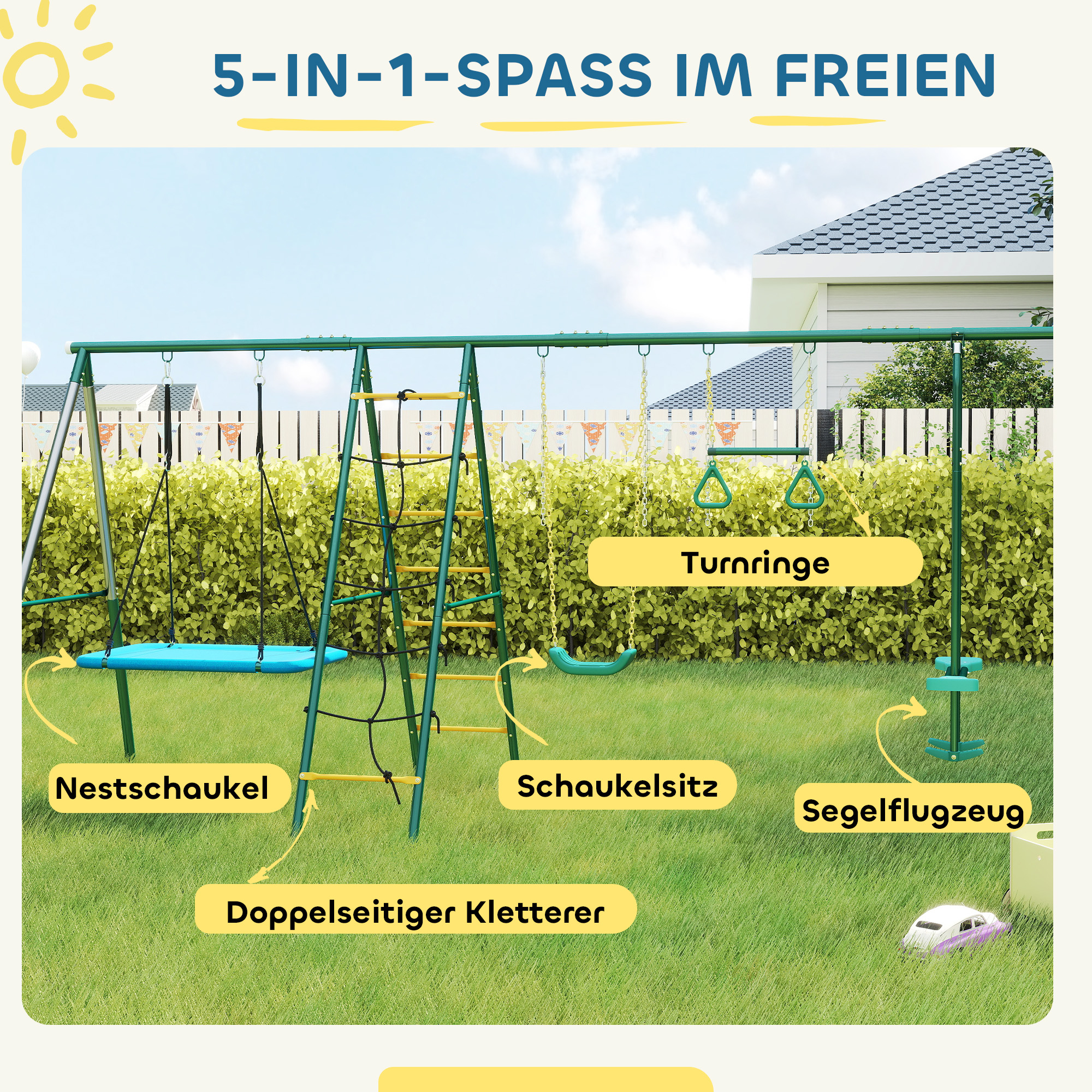 5-in-1 Schaukelgestell mit verstellbarer Nestschaukel Turnringe Doppelsitzer Klettergerüst für 3-8 Jahre 440x175x203 cm