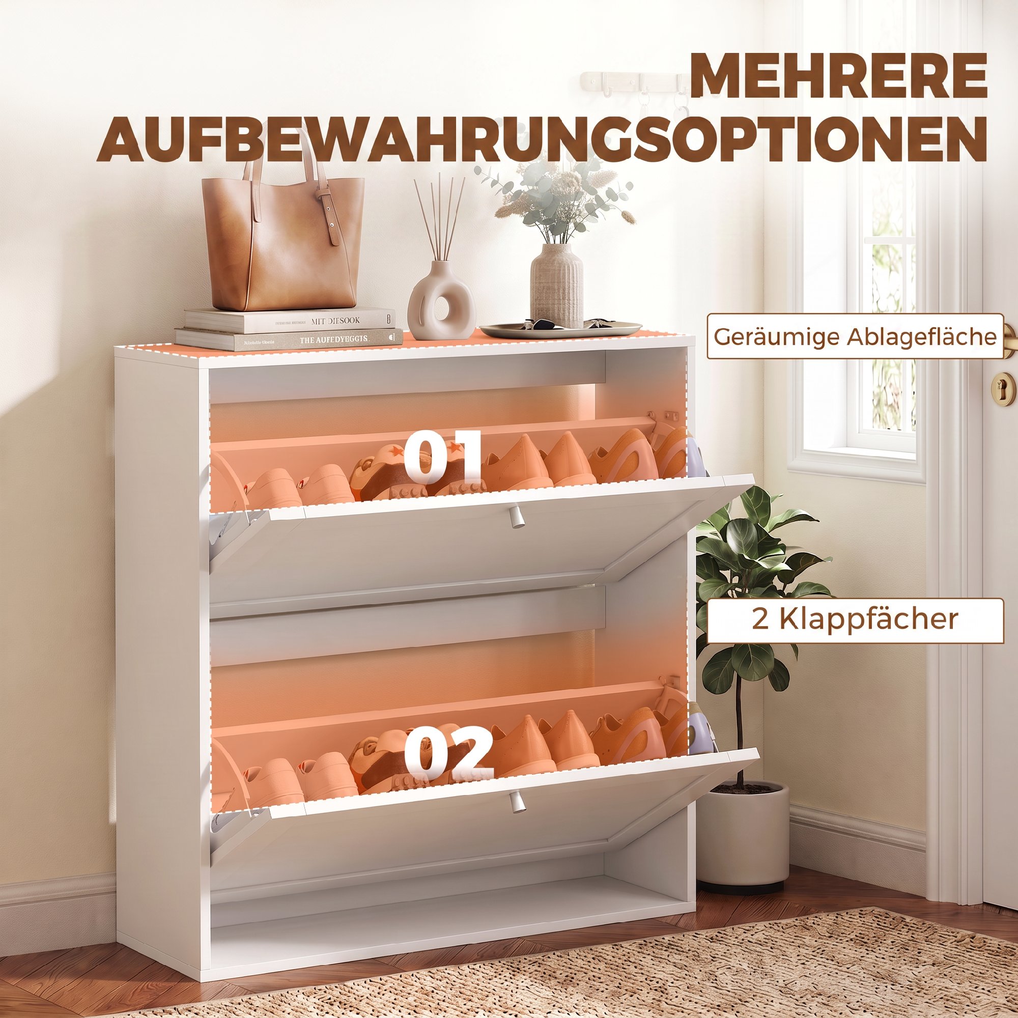 Schuhschrank mit 2 Klappfächern, verstellbaren Einlegeböden, für bis zu 8 Paar Schuhe, Weiß