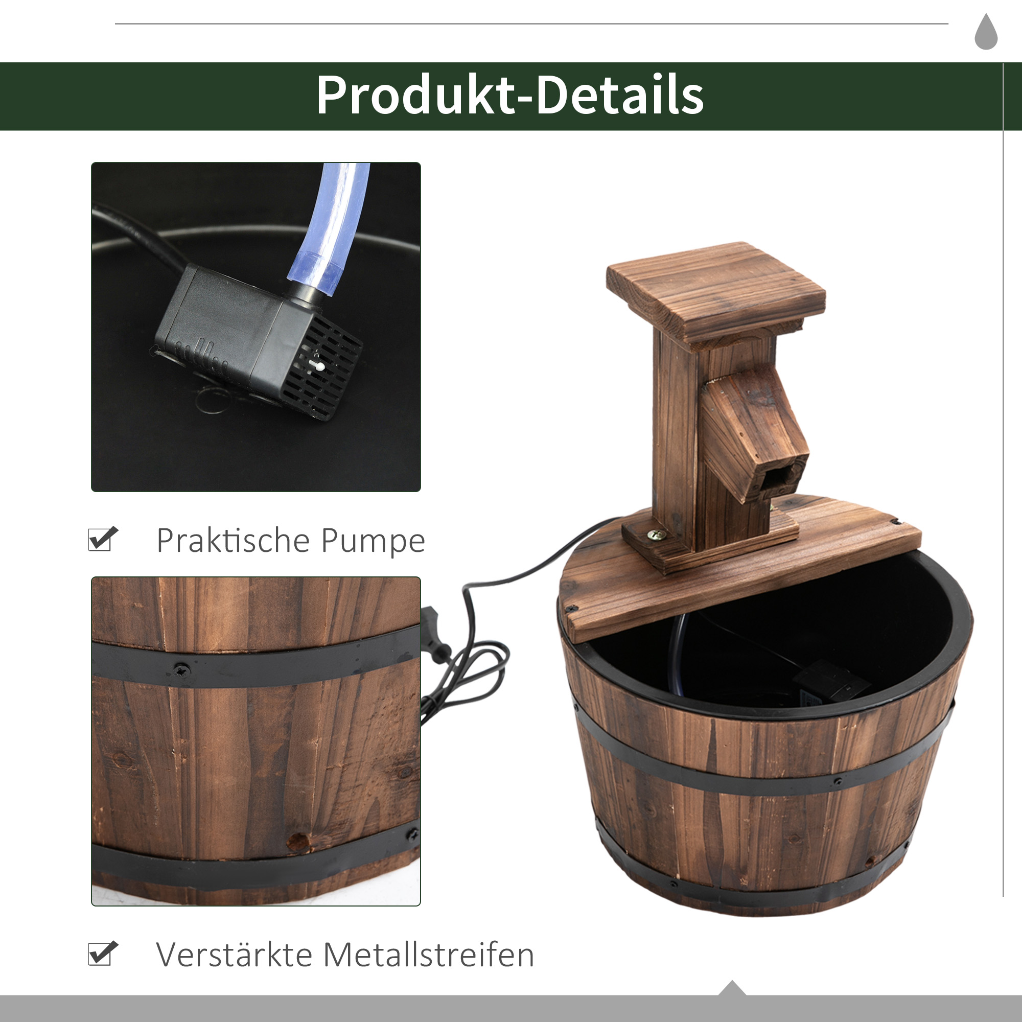 Gartenbrunnen Zierbrunnen Springbrunnen Fassbrunnen Wasserfall Holzeimer Tannenholz + Metall Dunkelbraun Ø27 x 37 cm