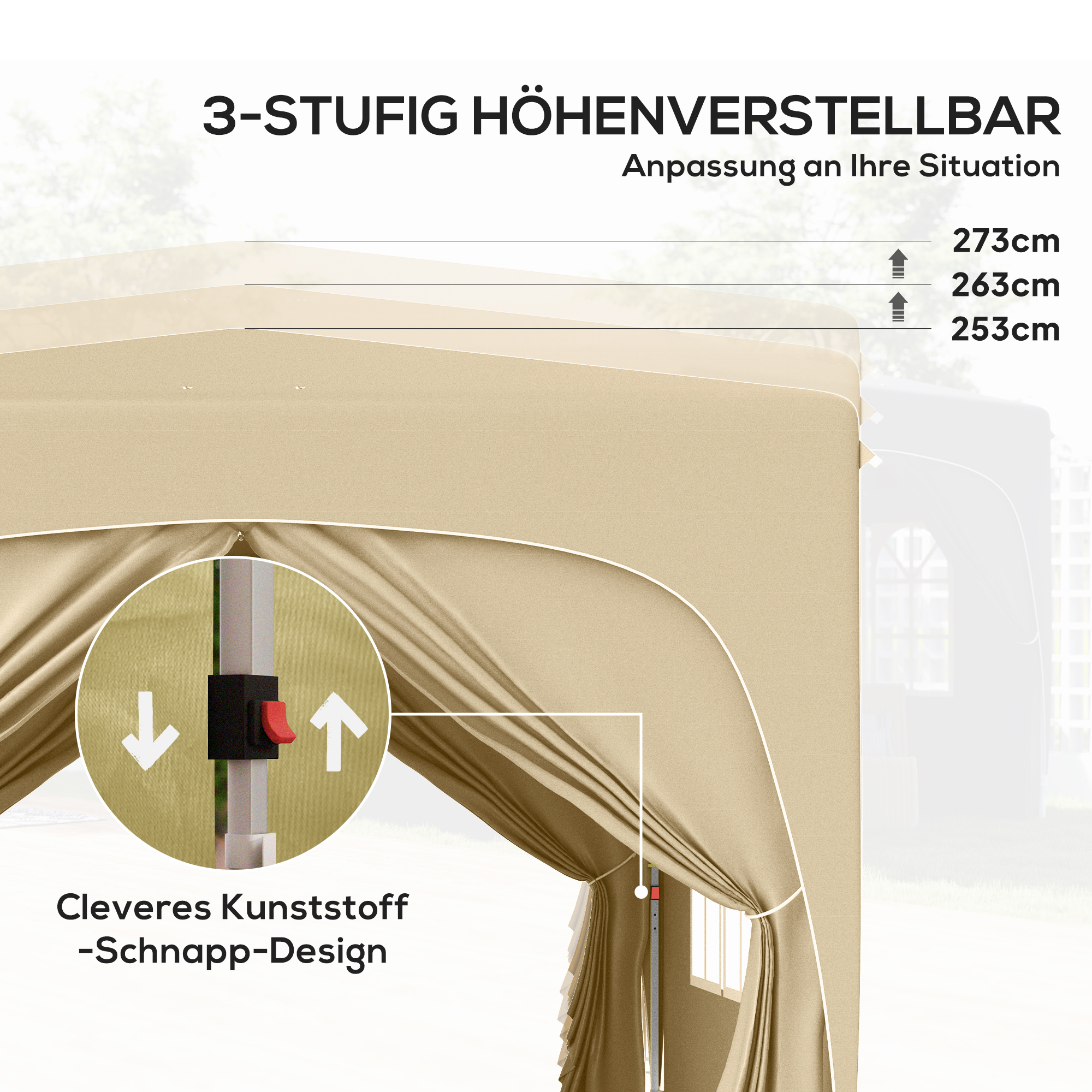 3 x 3 m Pavillon, Pop-up Gartenzelt mit Seitenwänden und Tragetasche, UPF50+, höhenverstellbar, Sand