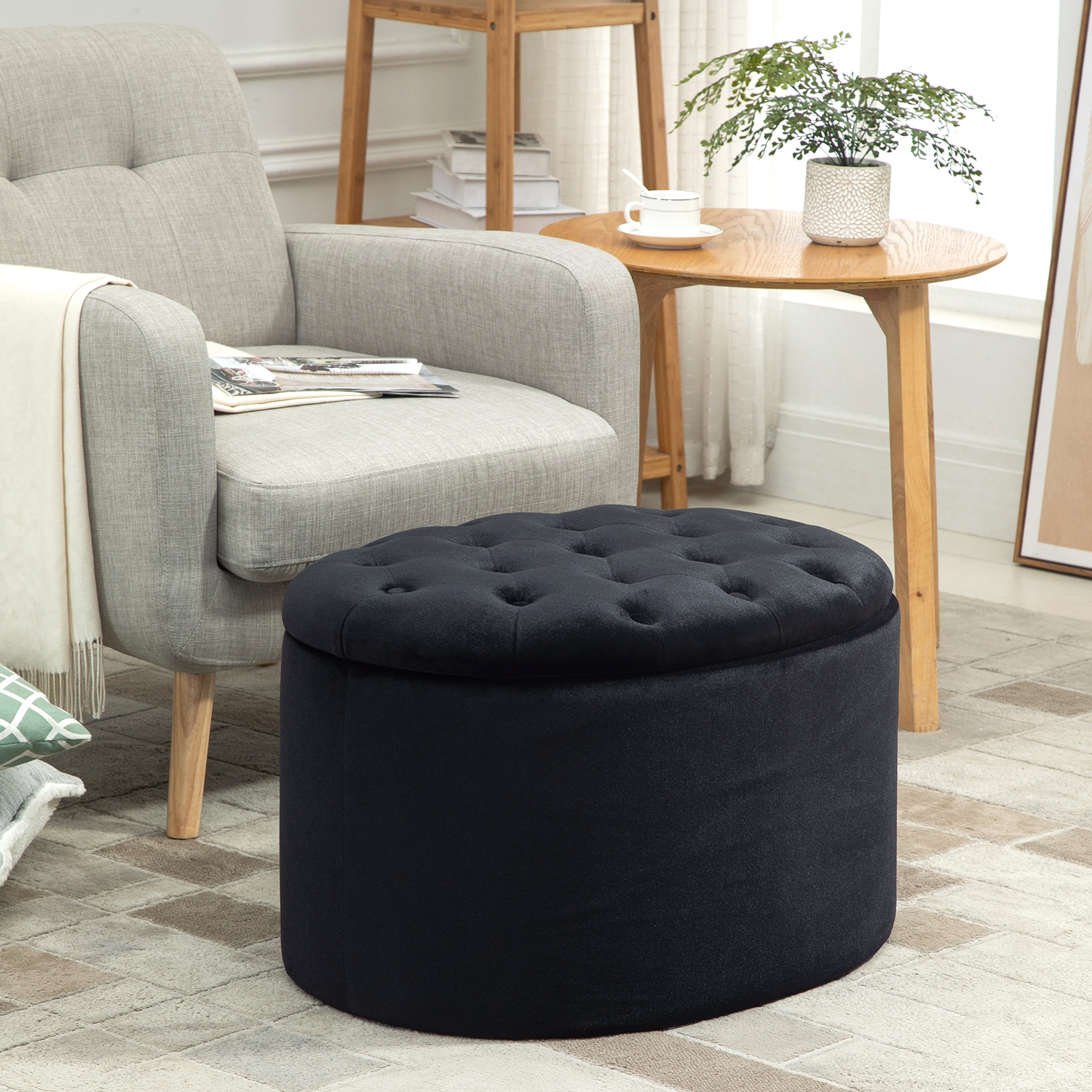 Sitzbank mit Stauraum Polsterbank mit Samtoptik, Sitztruhe Ovale Form, Truhenbank für Wohnzimmer Schlafzimmer Flur 71 x 52 x 42 cm, Schwarz