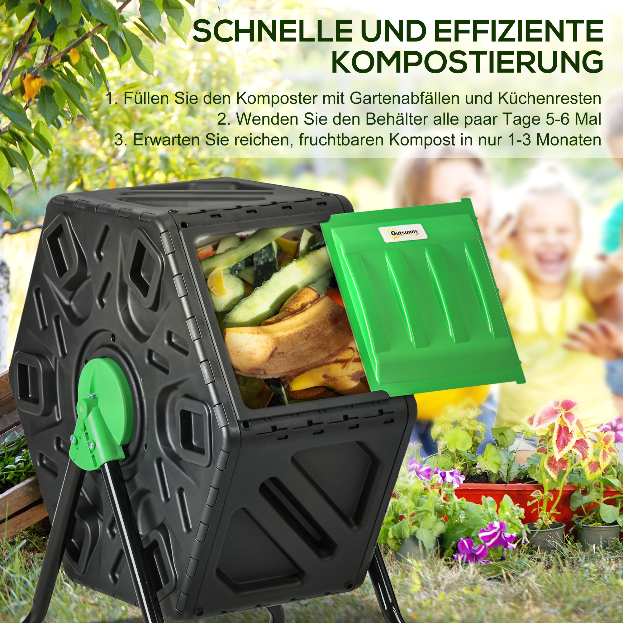Kompostbehälter, 65 Liter Komposter, drehbar, kompakt, 24 Belüftungslöcher, Stahl, Kunststoff, Grün+Schwarz