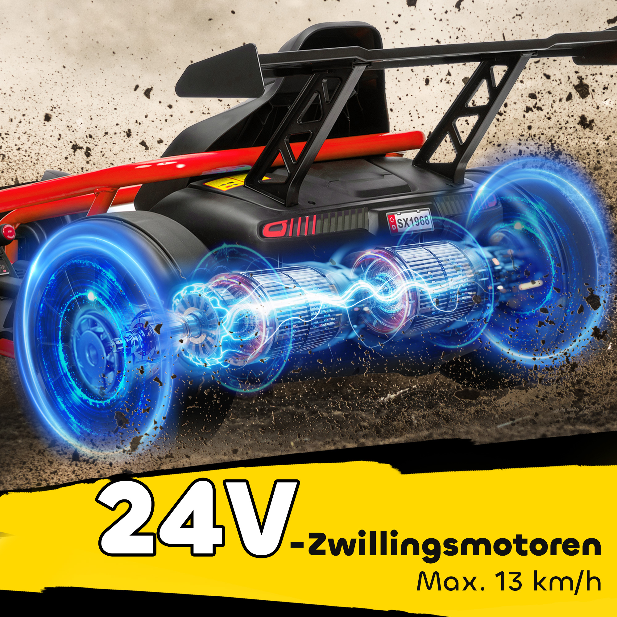 24V Elektro-Go-Kart zum Fahren und Driften, Nylon-Reifen, Sicherheitsgurt, Hupe, Musik für 8-12 Jahre Rot
