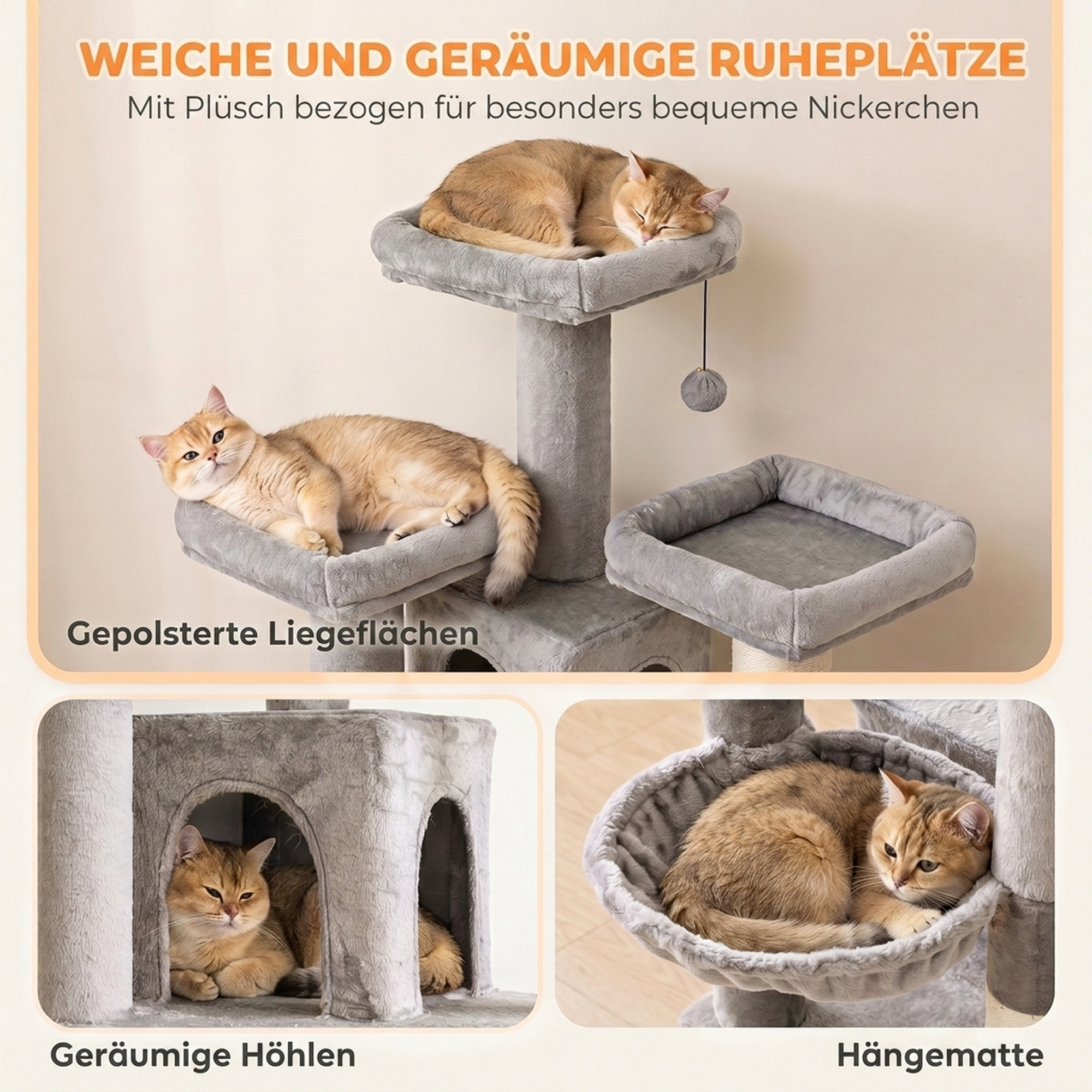 Kratzbaum Groß 184 cm hoch Katzenbaum mit 3 Kratzstämmen Liegeflächen Spielball Hängematte Leiter, Katzen unter 6 kg