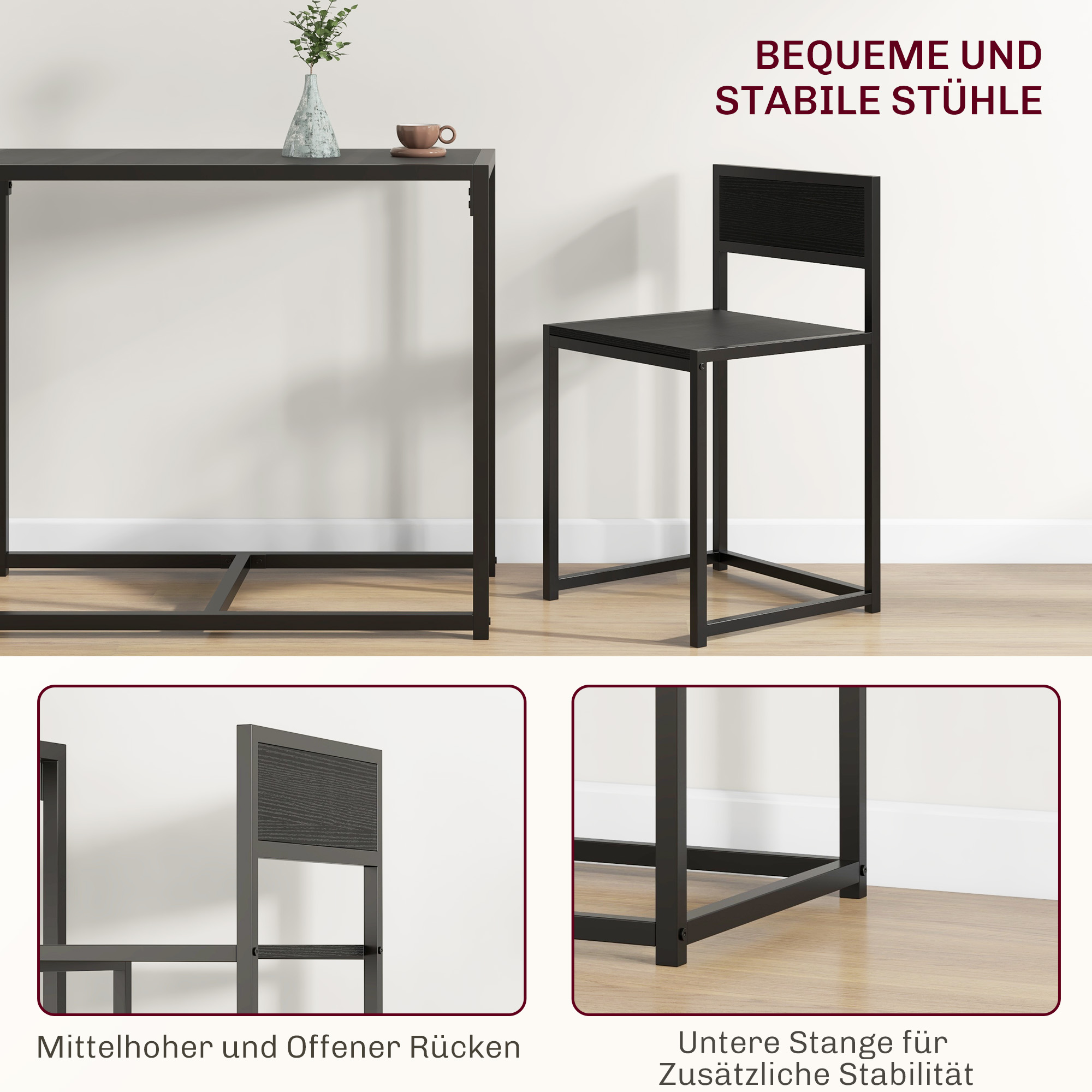 3-teiliges Bartisch-Set Hochtisch-Set 3-teilig, 2 Stühle, 1 Tisch, 90 cm x 47 cm x 76 cm, Schwarz