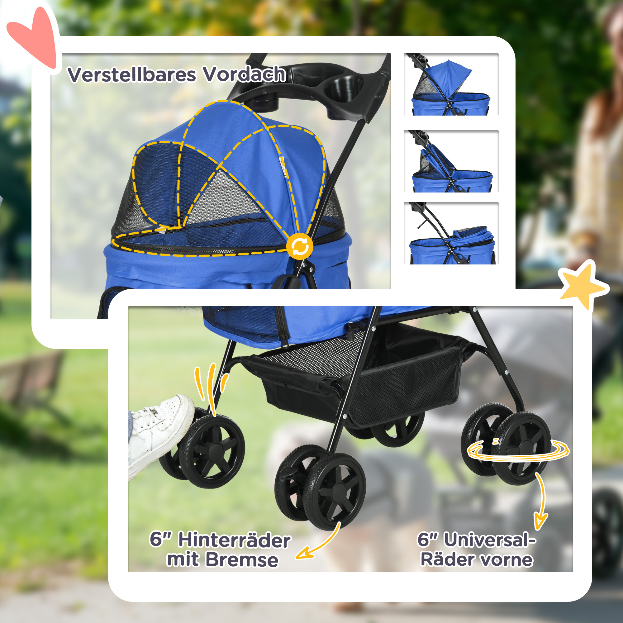 Hundebuggy Hundewagen bis 4 kg Klappbar Netzfenster Bodenkorb Becherhalter abnehmbares Dach blau 67 x 45 x 96 cm