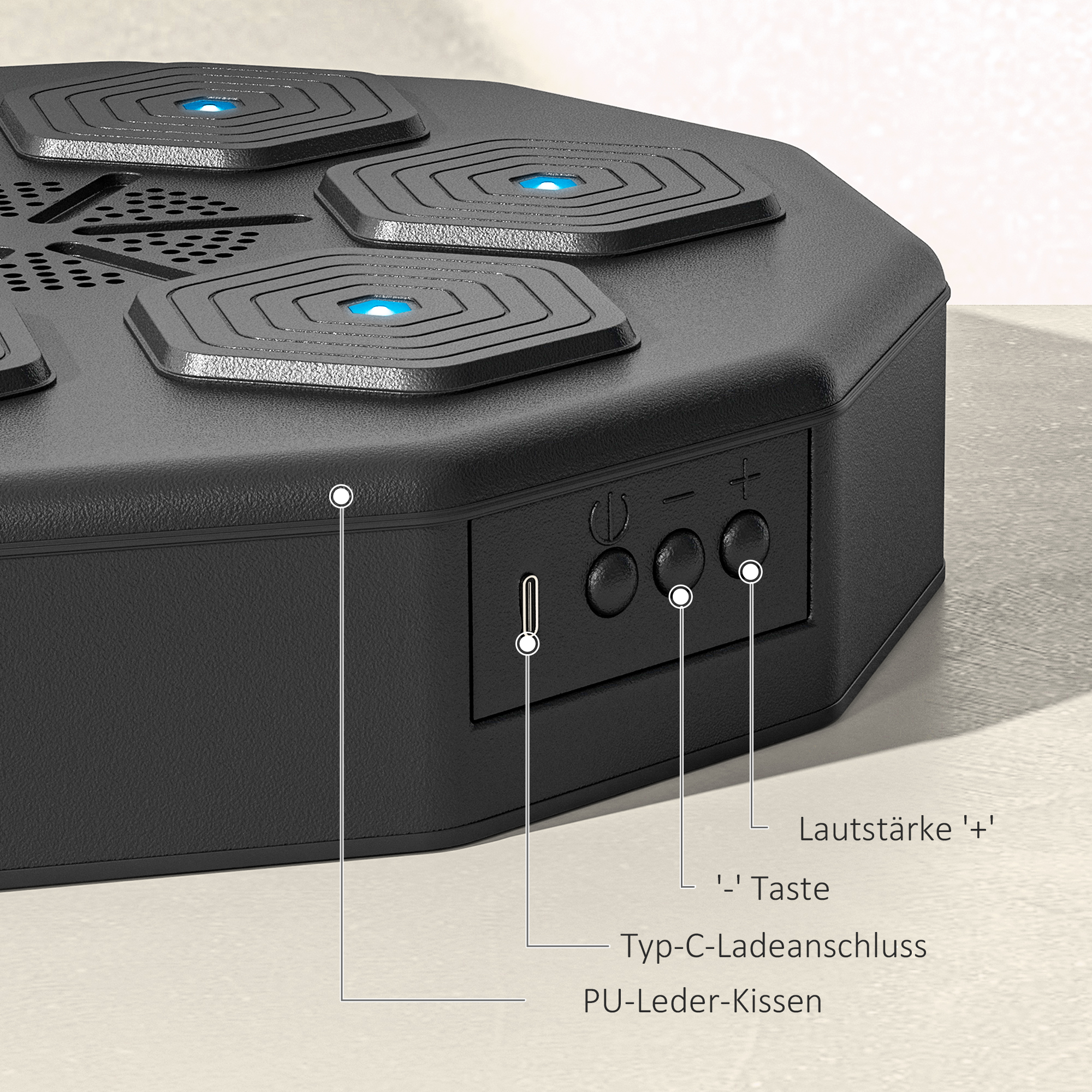 Boxtrainer mit Musikfunktion, Bluetooth, leuchtende Punkte, Wandaufhängung, Kunstleder, Schwarz