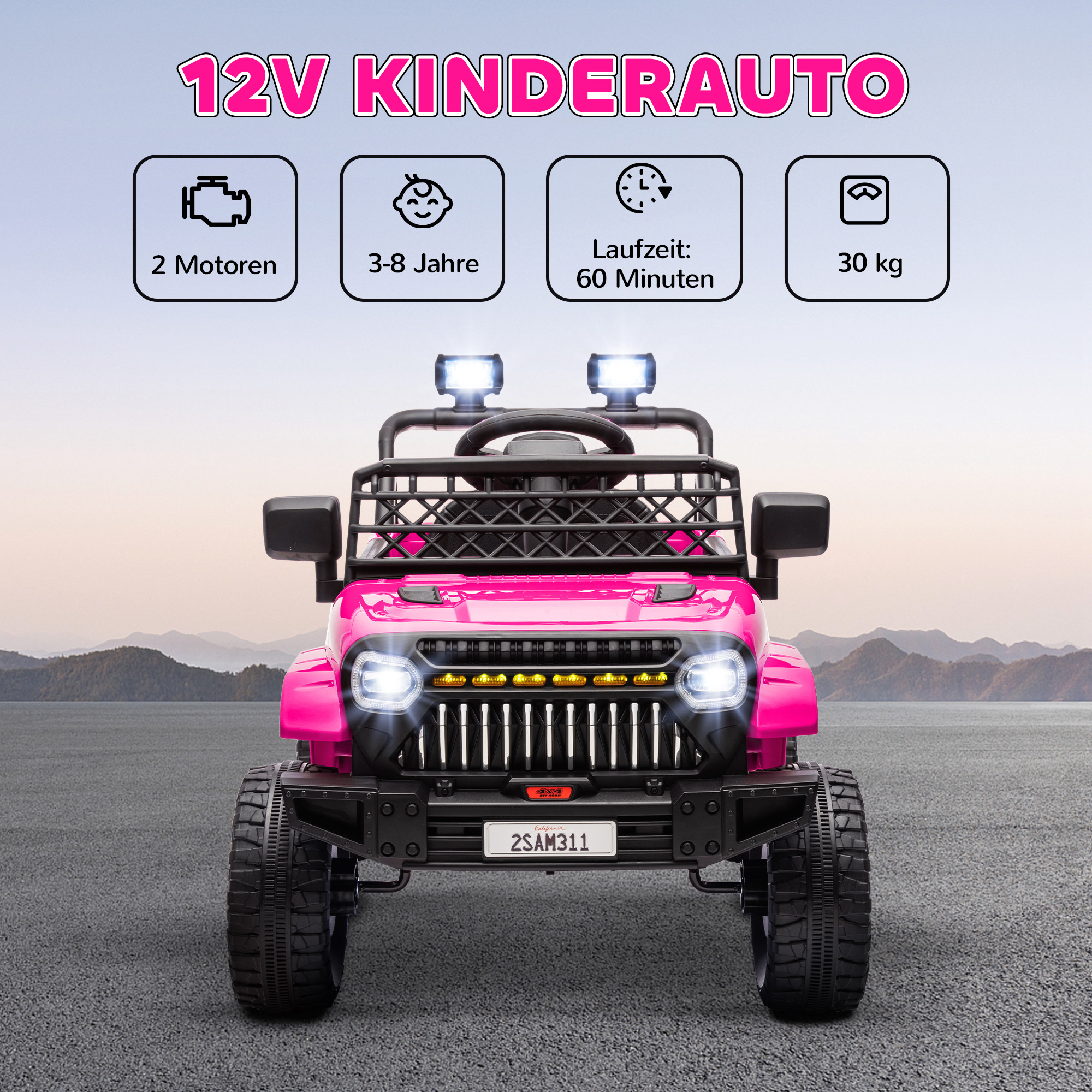 Kinder Elektroauto 12V Kinderauto Elektrisch mit 2,4 GHz Fernbedienung 2 Motor Hupe LED Musik für 3-8 Jahre Rosa