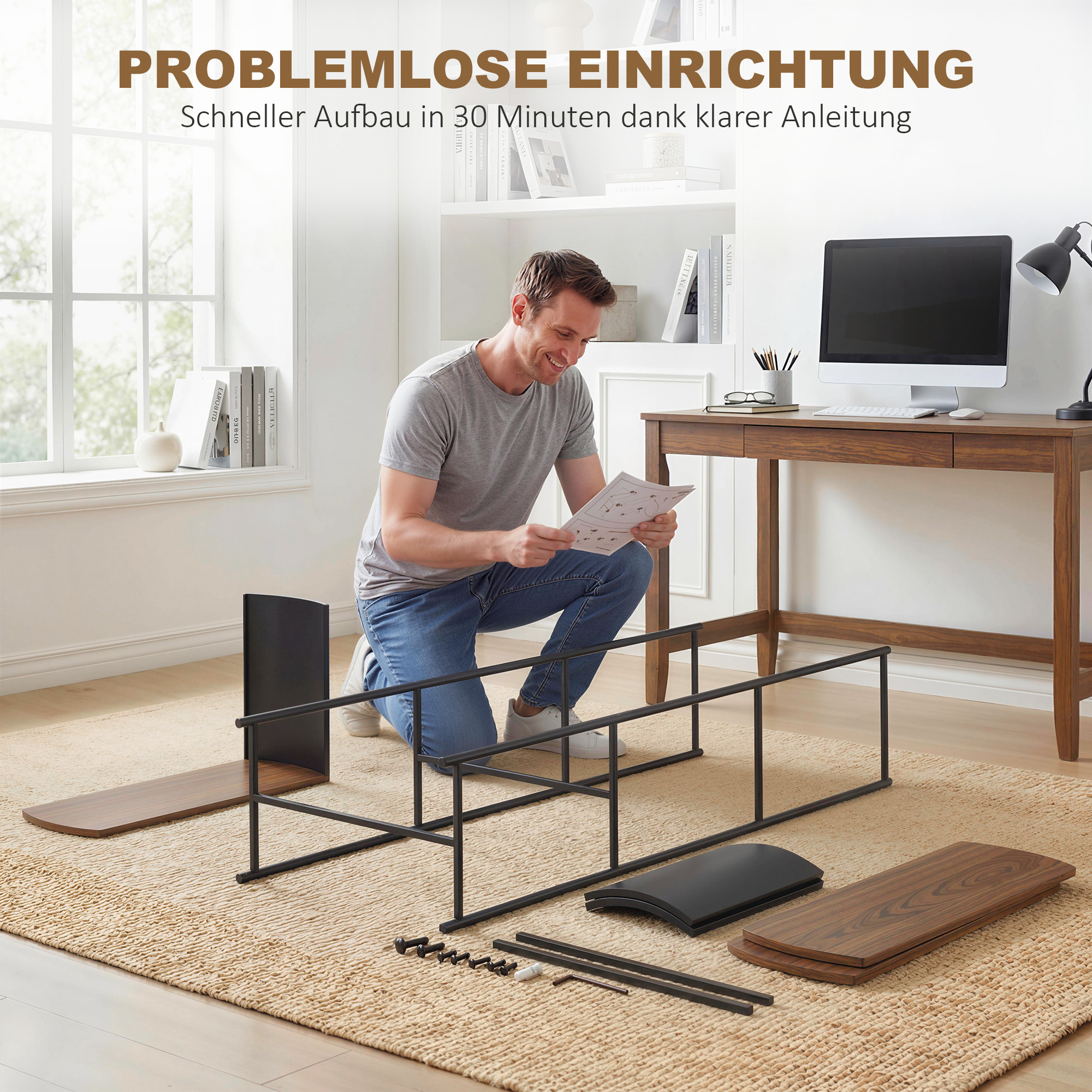 4-stufiges Regal, freistehendes Regal mit geschwungenem Design, industrielles Bücherregal, braune Holzoptik