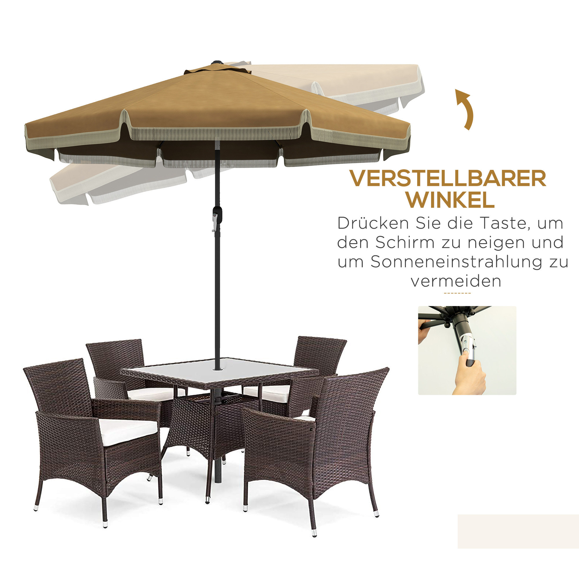 Sonnenschirm mit Fransendekor, Ø265 cm, neigbar, zweiteiliger Metallmast, Windhaube, Khaki/Schwarz