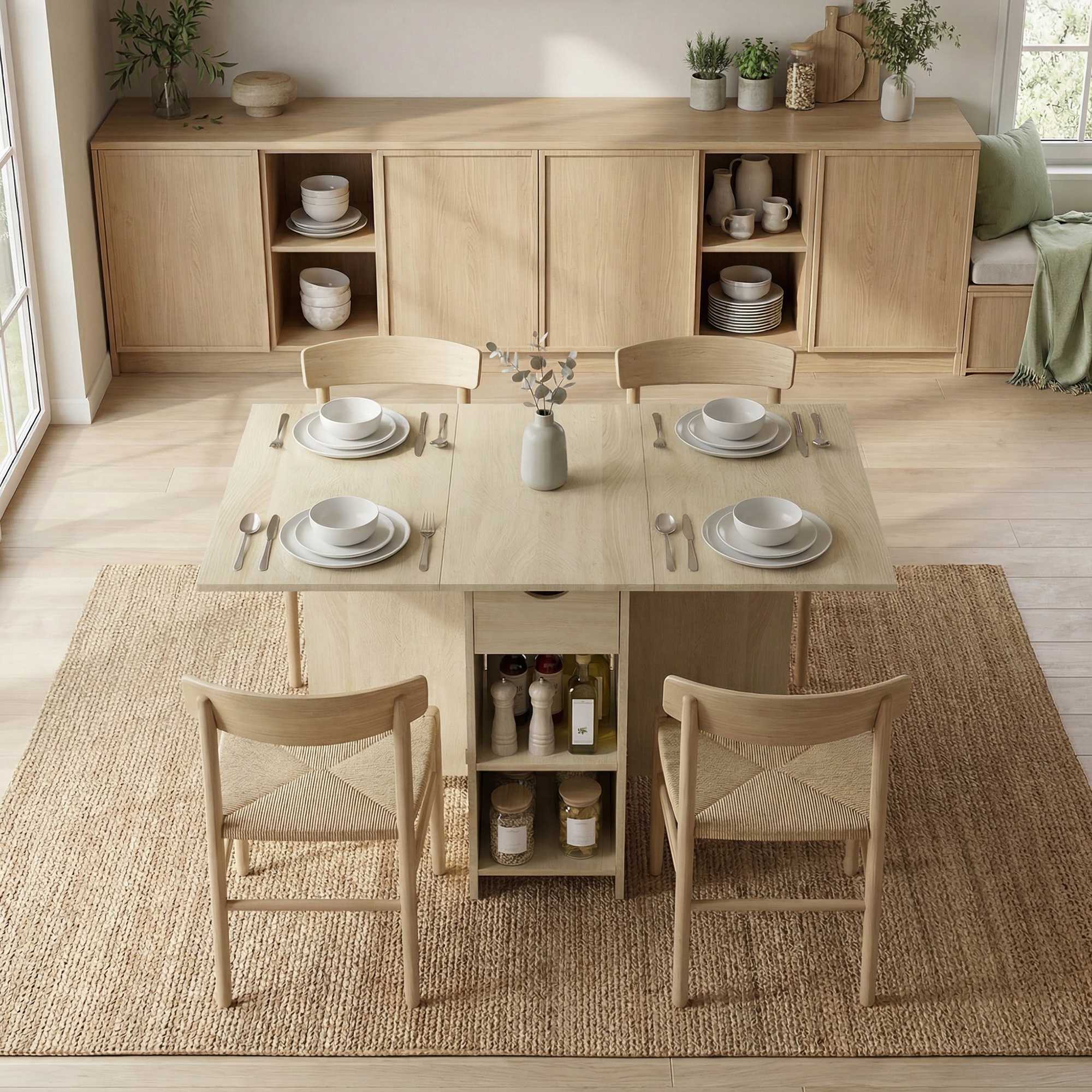klappbarer Esstisch für 2-4 Personen, Rollbarer Tisch mit offenem Fach und Schublade, ideal für kleine Räume, Natur