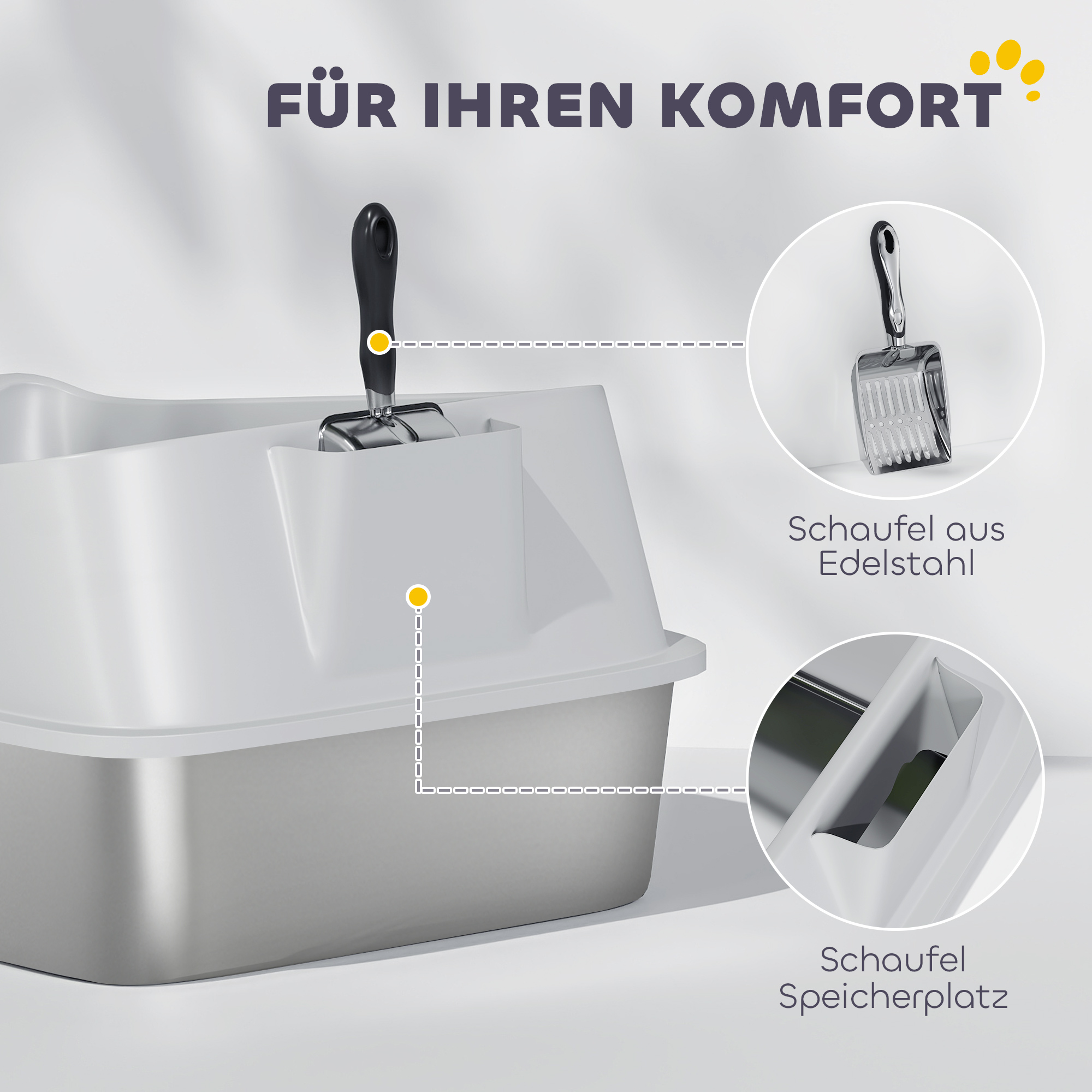 Katzentoilette Edelstahl Offene Katzenklo mit Schaufel hohem Rand für große Katzen bis 7 kg, 60,2 x 40,2 x 29,7 cm, Grau