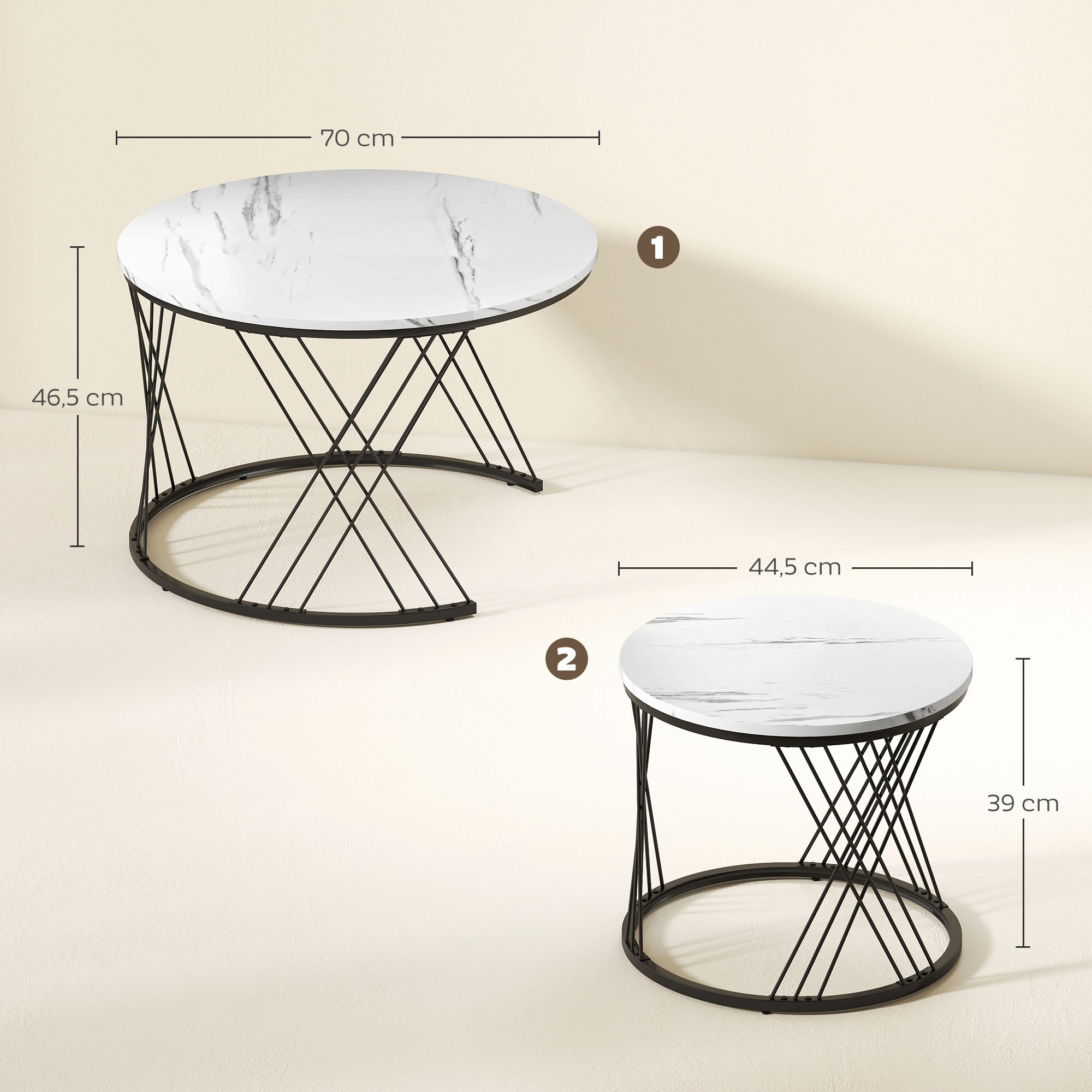 Couchtische im 2er-Set, Marmoroptik, Spanplatte, Metall, runde Kaffeetische für Wohnzimmer, ineinanderstellbar, Weiß