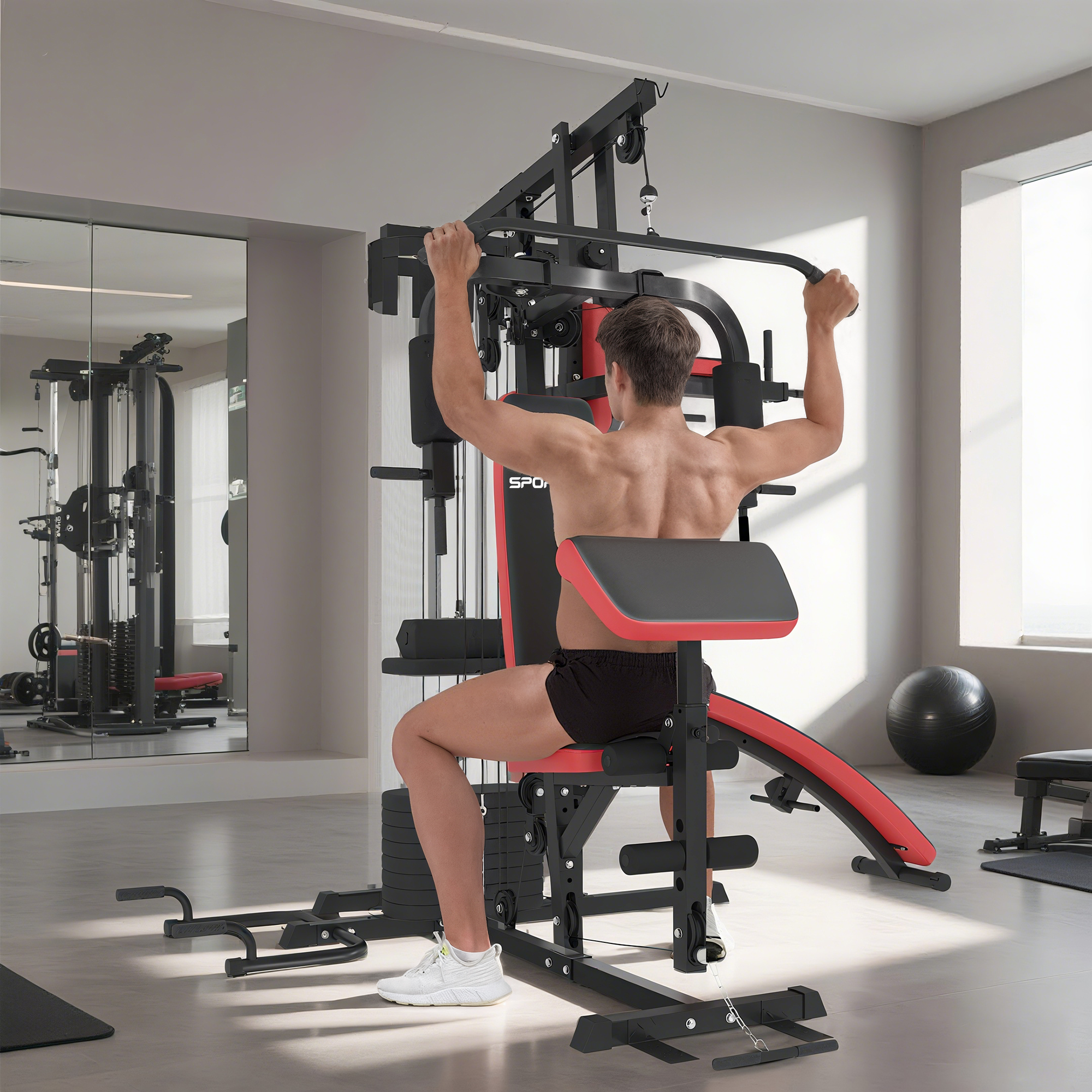 Mehrzweck-Trainingsstation mit 65 kg Gewichtsblock, verstellbar, fürs Heimtraining, Stahl, Kunstleder