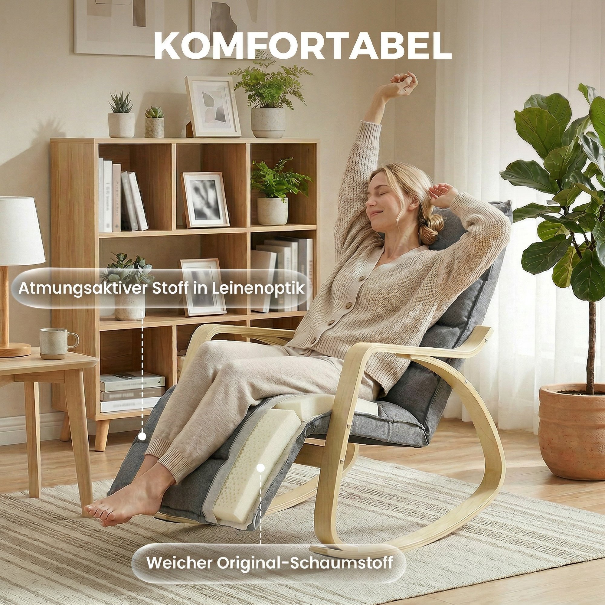 Schaukelstuhl mit verstellbarer Fußstütze, gepolsterter Relaxstuhl, Grau